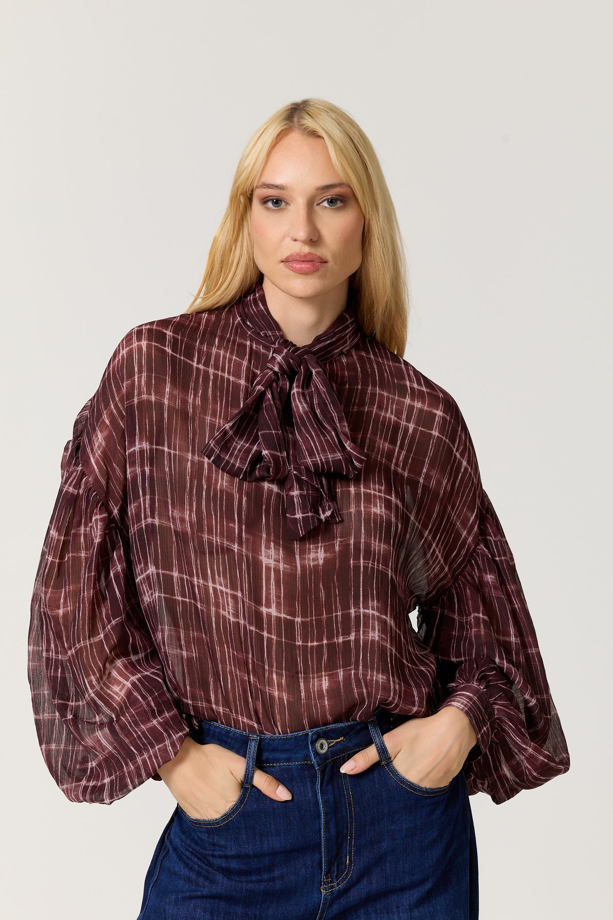 
                  
                    Burgundy Check Tie Neck Blouse
                  
                