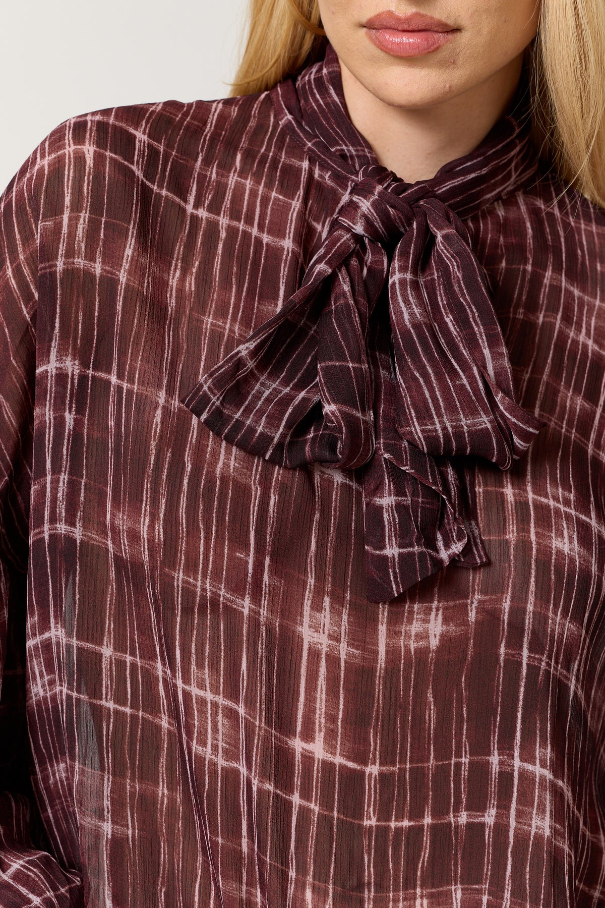 
                  
                    Burgundy Check Tie Neck Blouse
                  
                