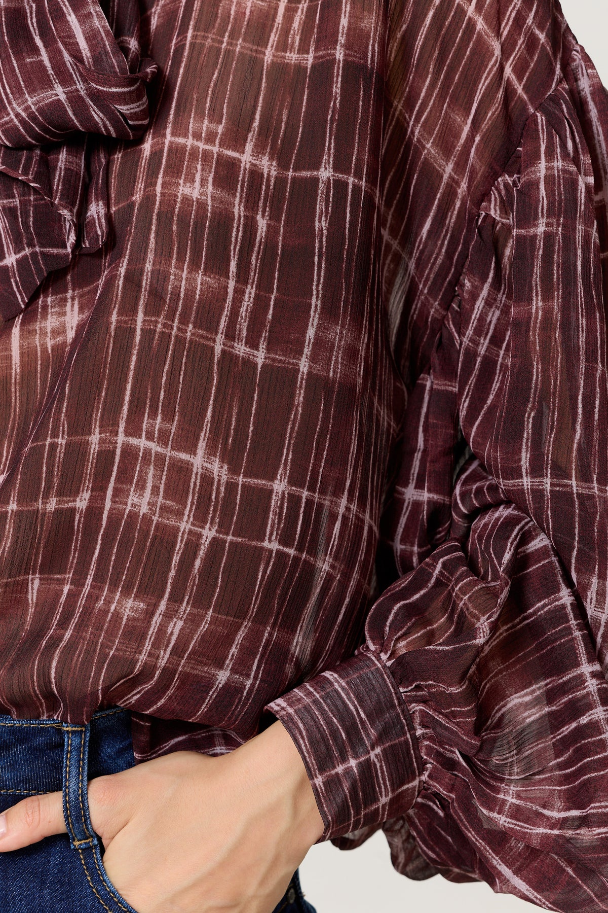 
                  
                    Burgundy Check Tie Neck Blouse
                  
                