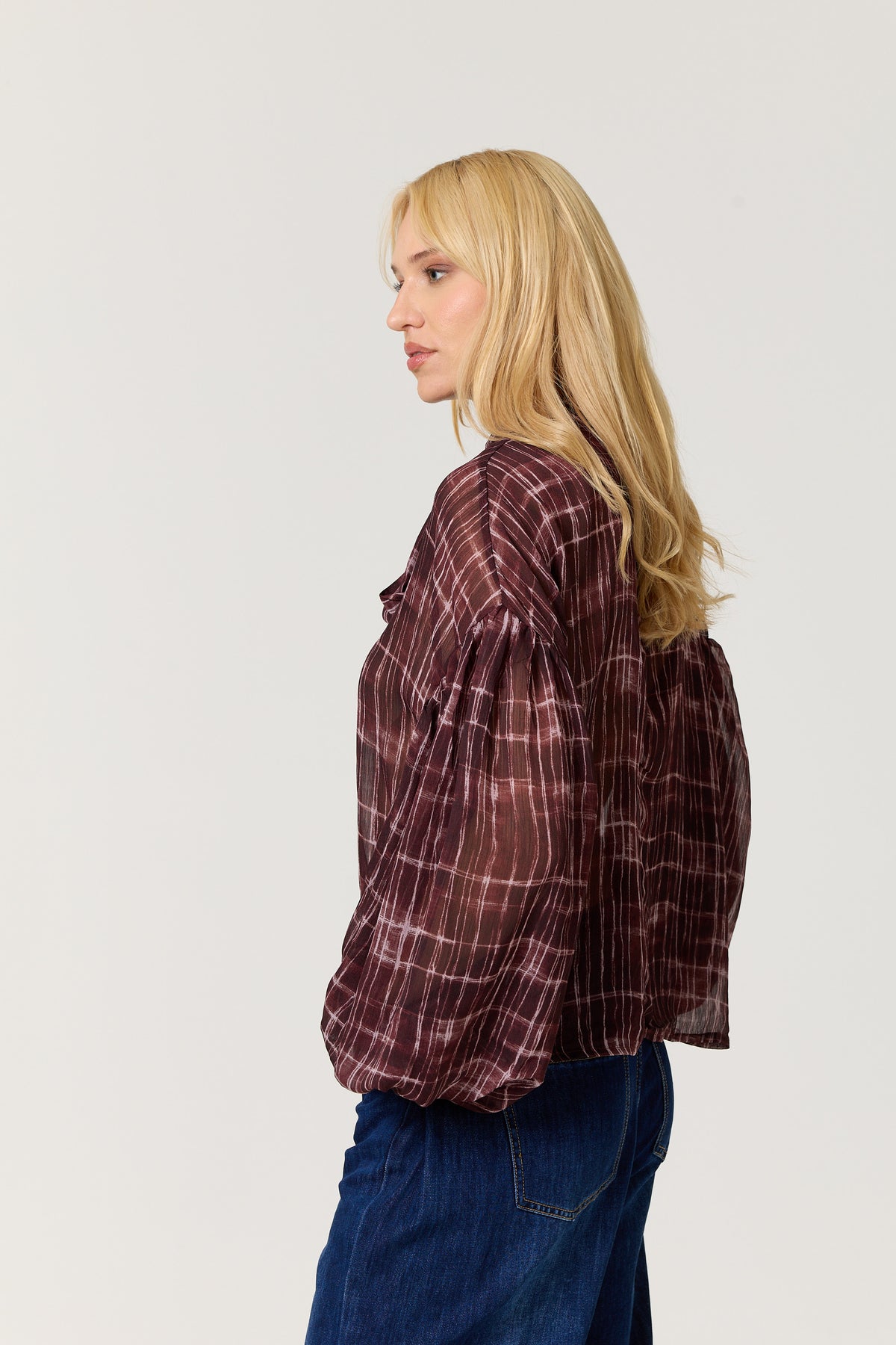 
                  
                    Burgundy Check Tie Neck Blouse
                  
                