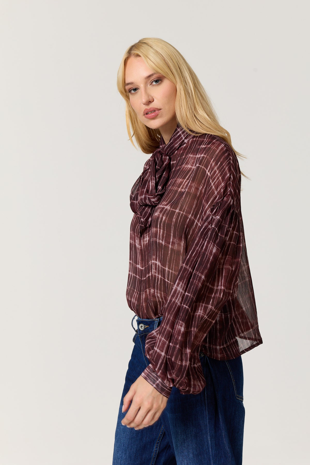 
                  
                    Burgundy Check Tie Neck Blouse
                  
                