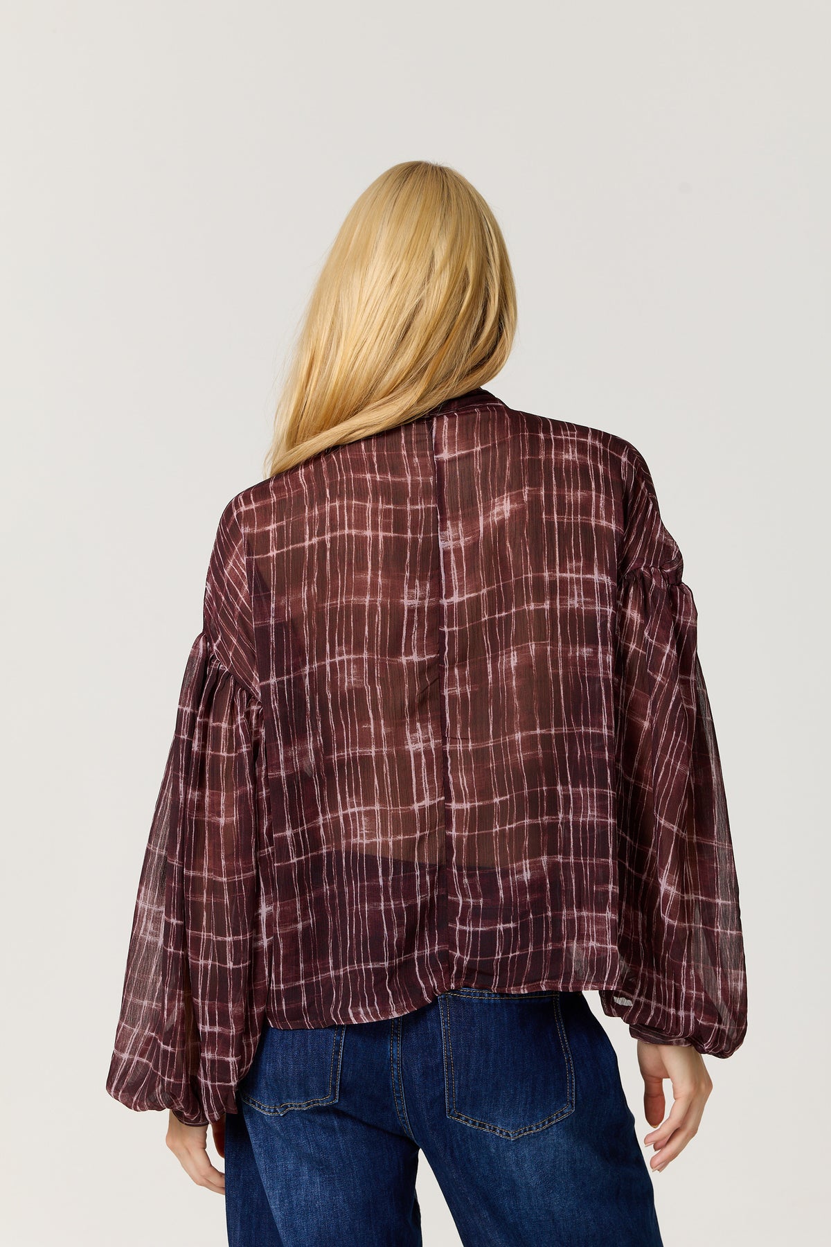 
                  
                    Burgundy Check Tie Neck Blouse
                  
                