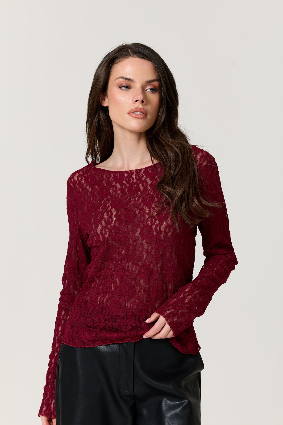 
                  
                    Burgundy Sheer Lace Long Sleeve Top
                  
                