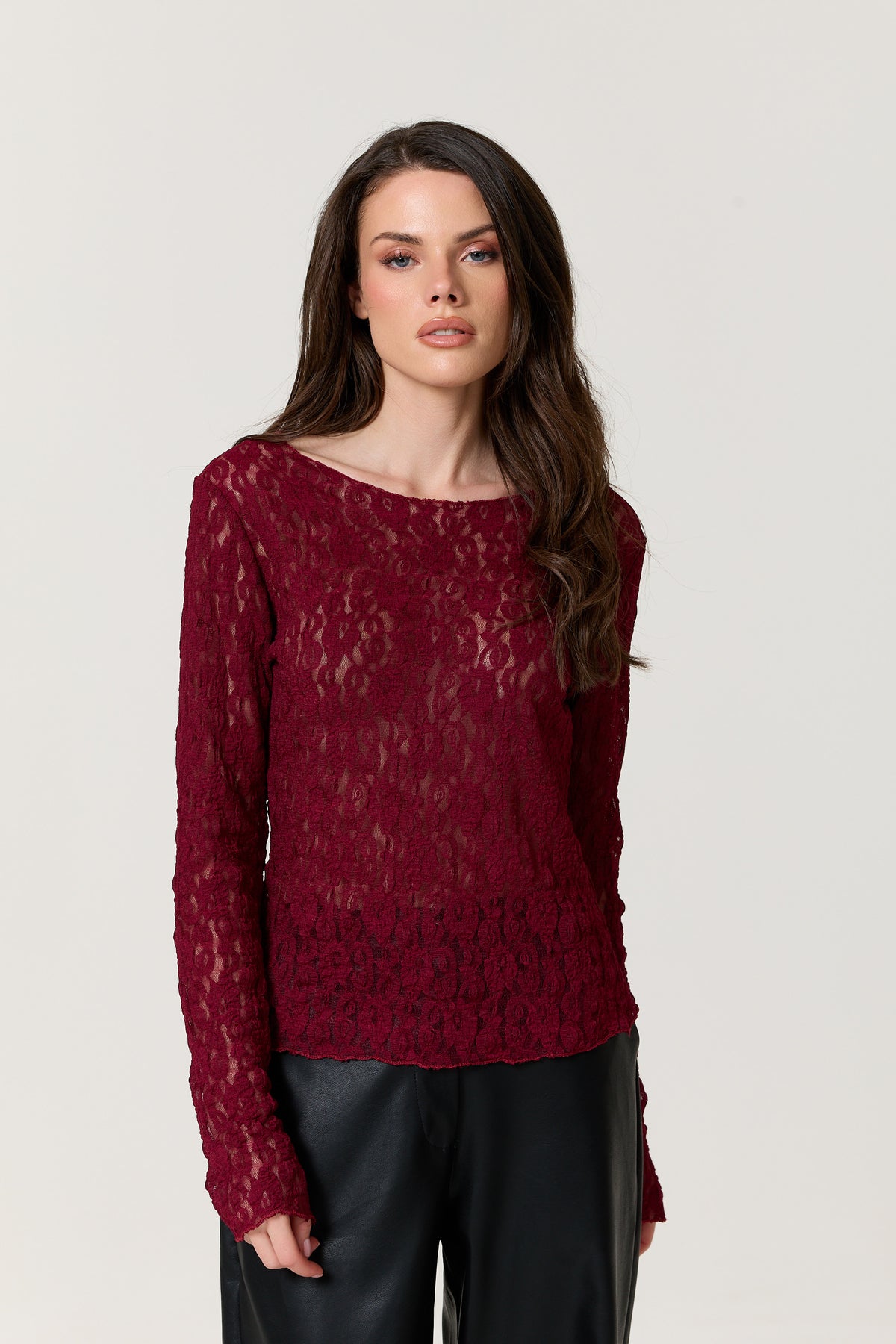 
                  
                    Burgundy Sheer Lace Long Sleeve Top
                  
                