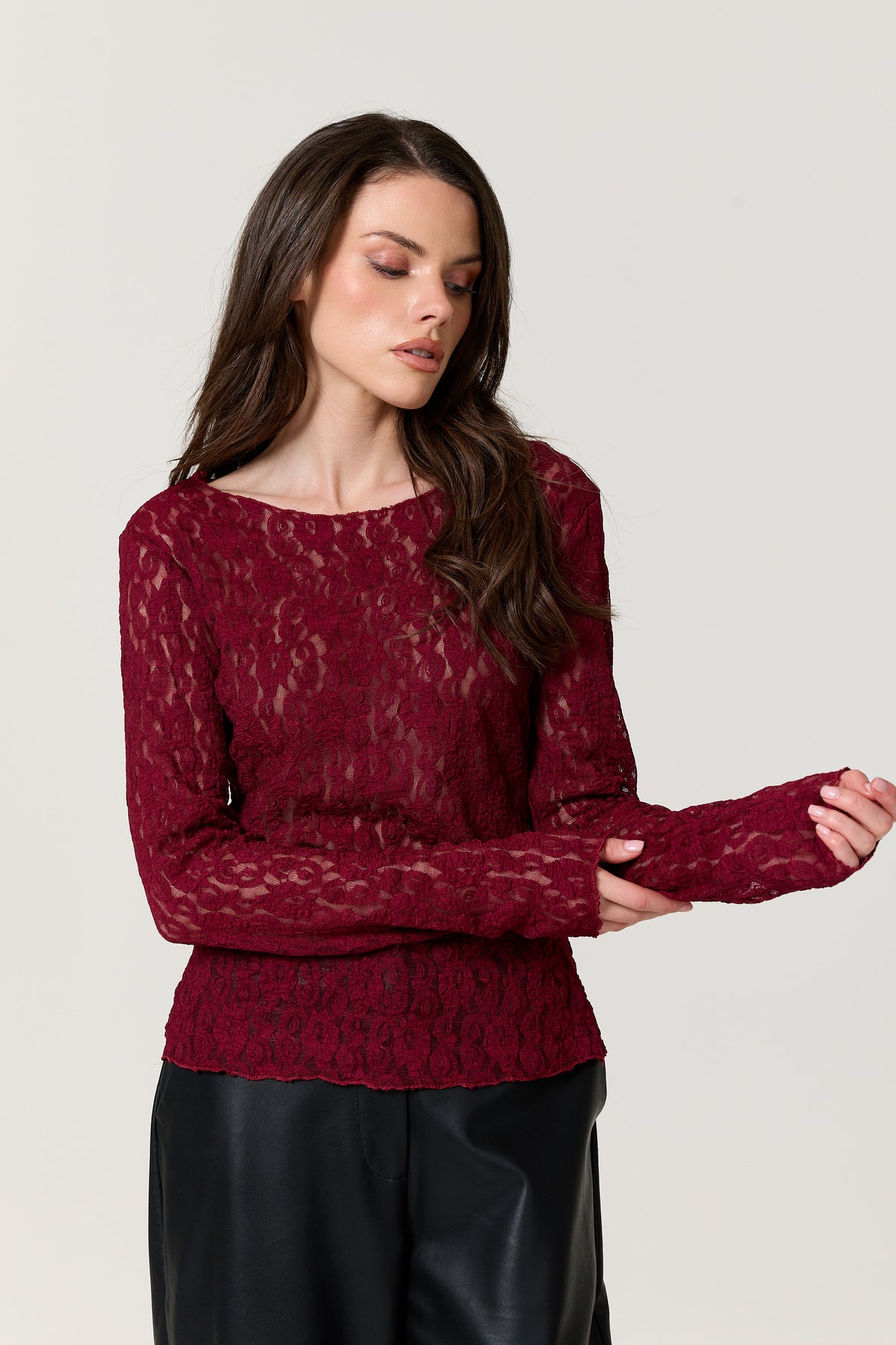 
                  
                    Burgundy Sheer Lace Long Sleeve Top
                  
                