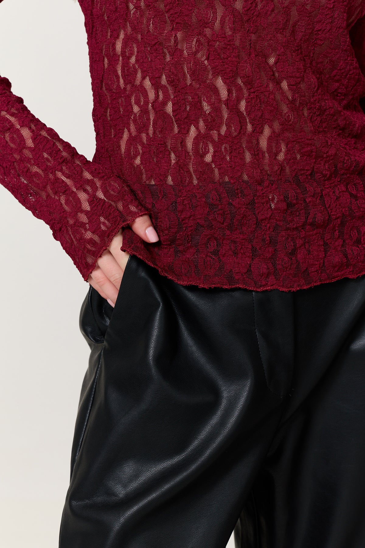 
                  
                    Burgundy Sheer Lace Long Sleeve Top
                  
                
