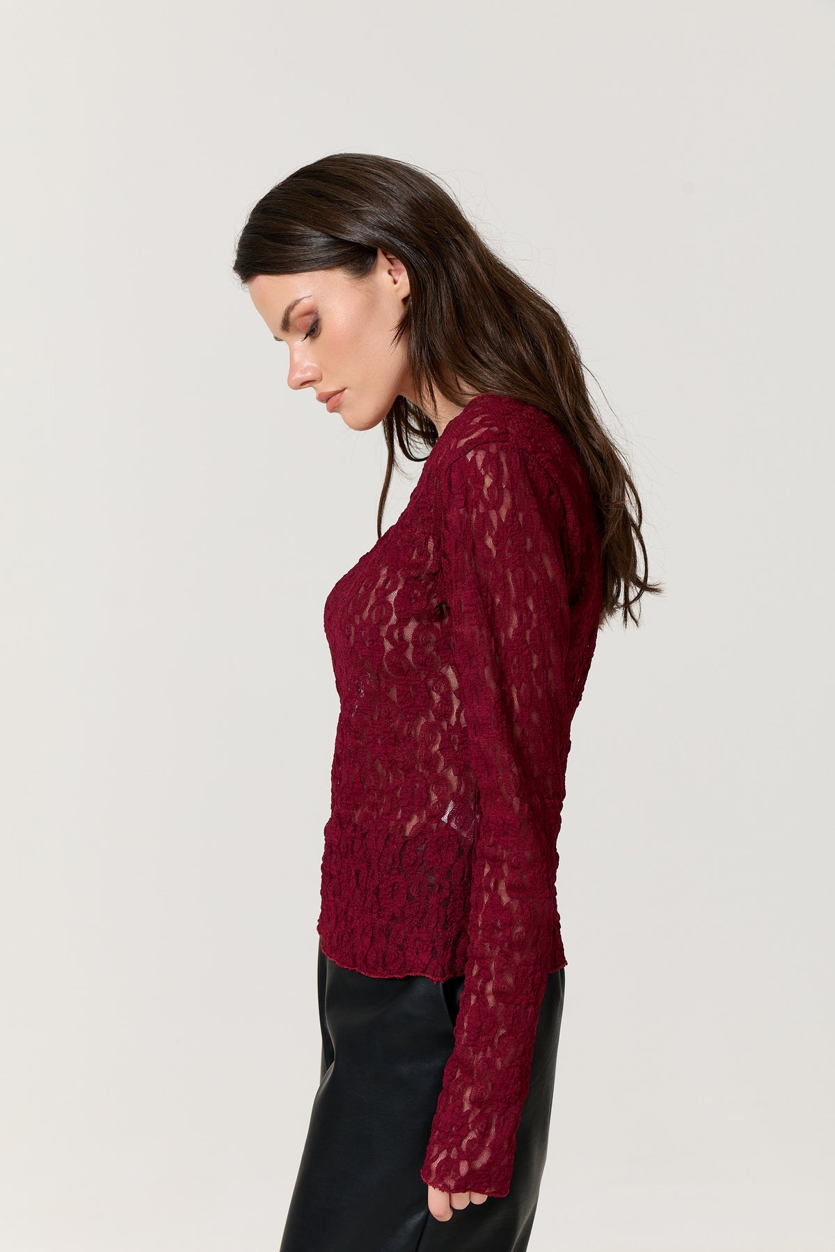 
                  
                    Burgundy Sheer Lace Long Sleeve Top
                  
                