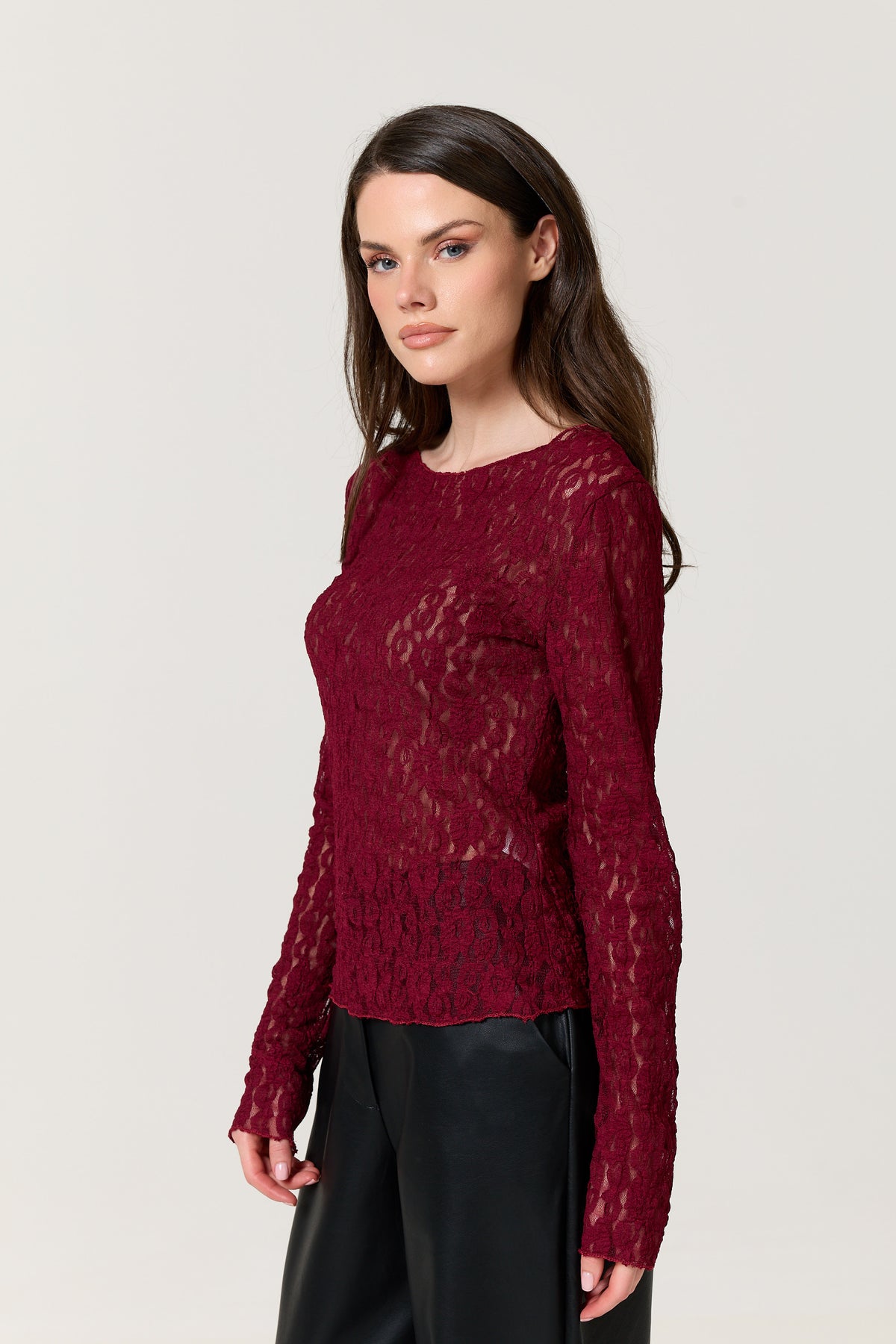 
                  
                    Burgundy Sheer Lace Long Sleeve Top
                  
                