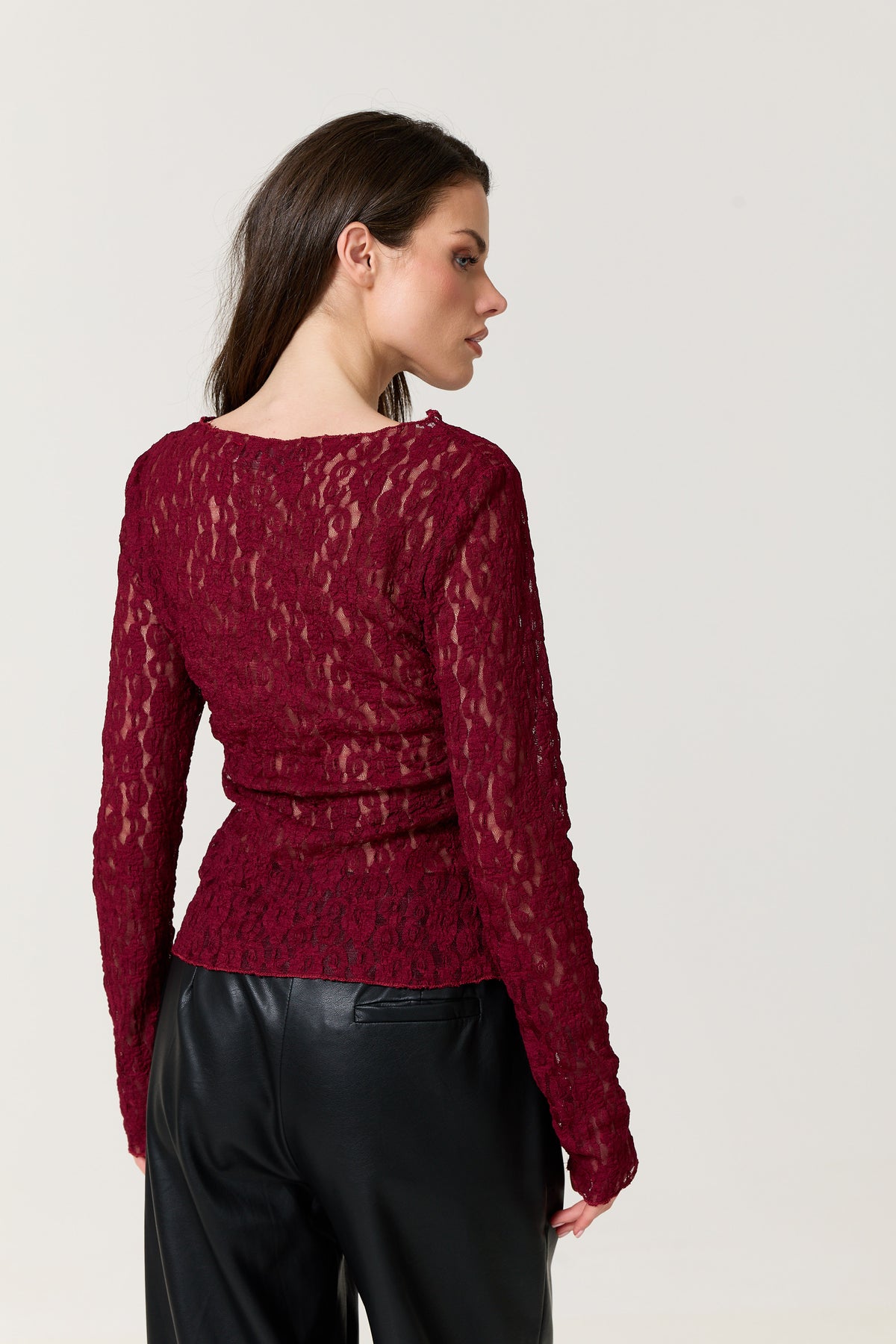 
                  
                    Burgundy Sheer Lace Long Sleeve Top
                  
                