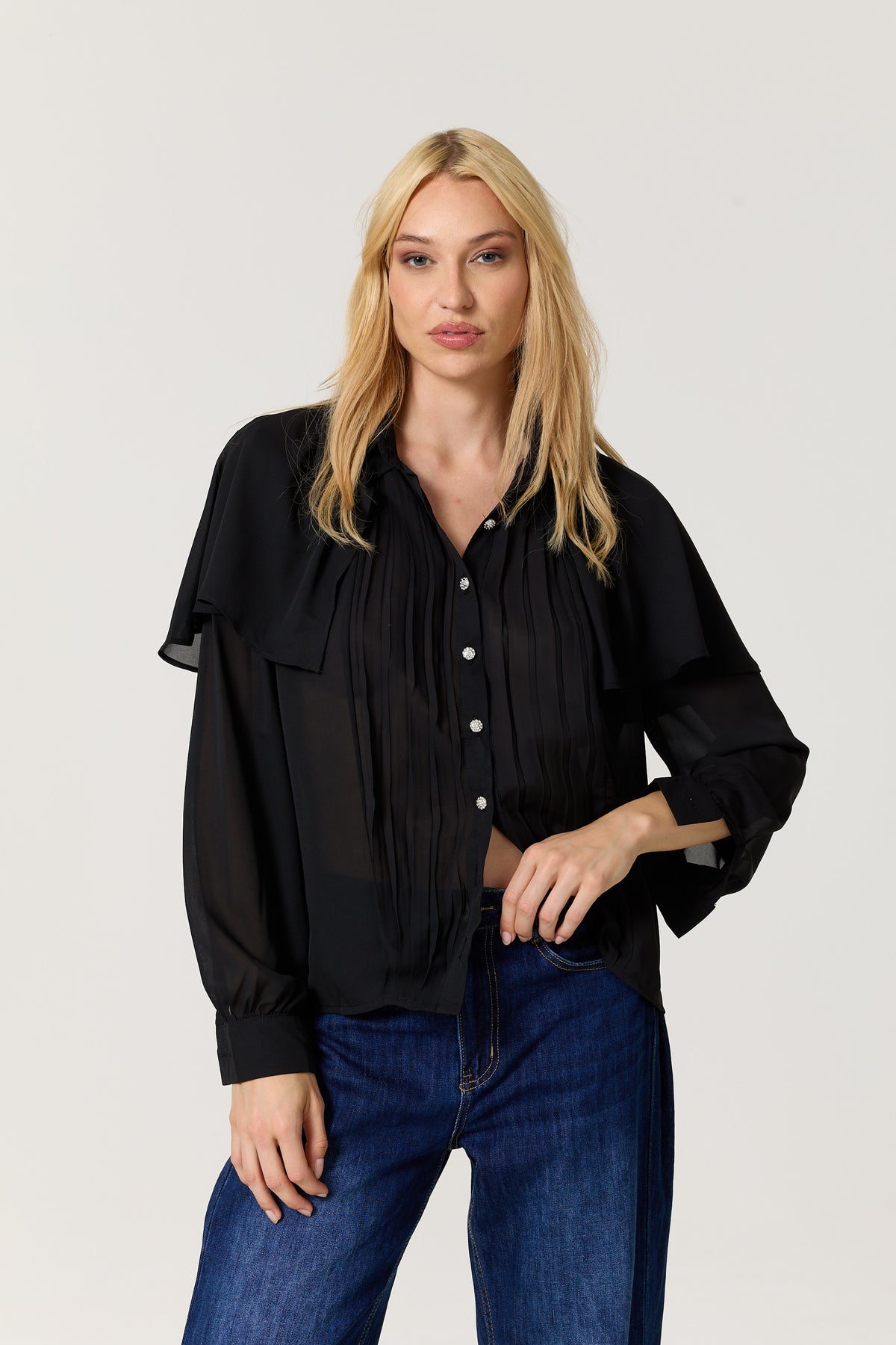 
                  
                    Black Cape Detail Pleated Blouse
                  
                