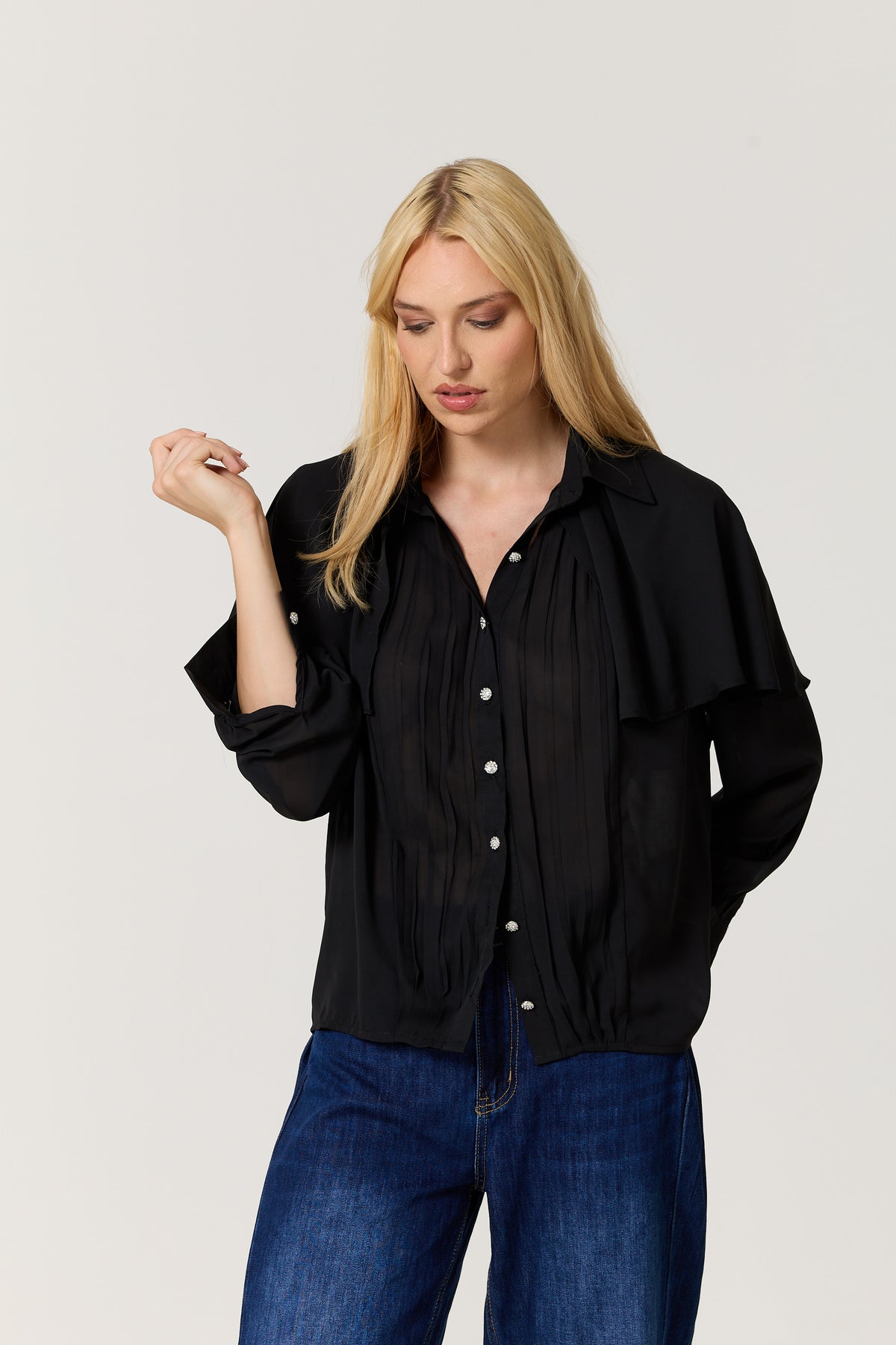 
                  
                    Black Cape Detail Pleated Blouse
                  
                