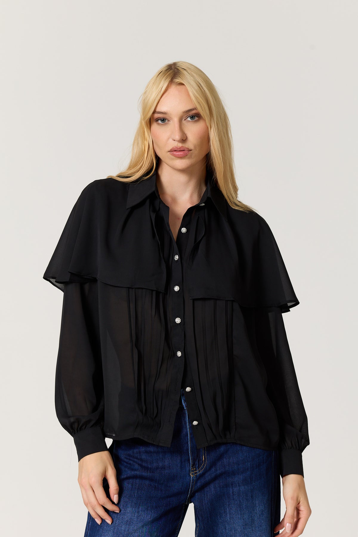 
                  
                    Black Cape Detail Pleated Blouse
                  
                
