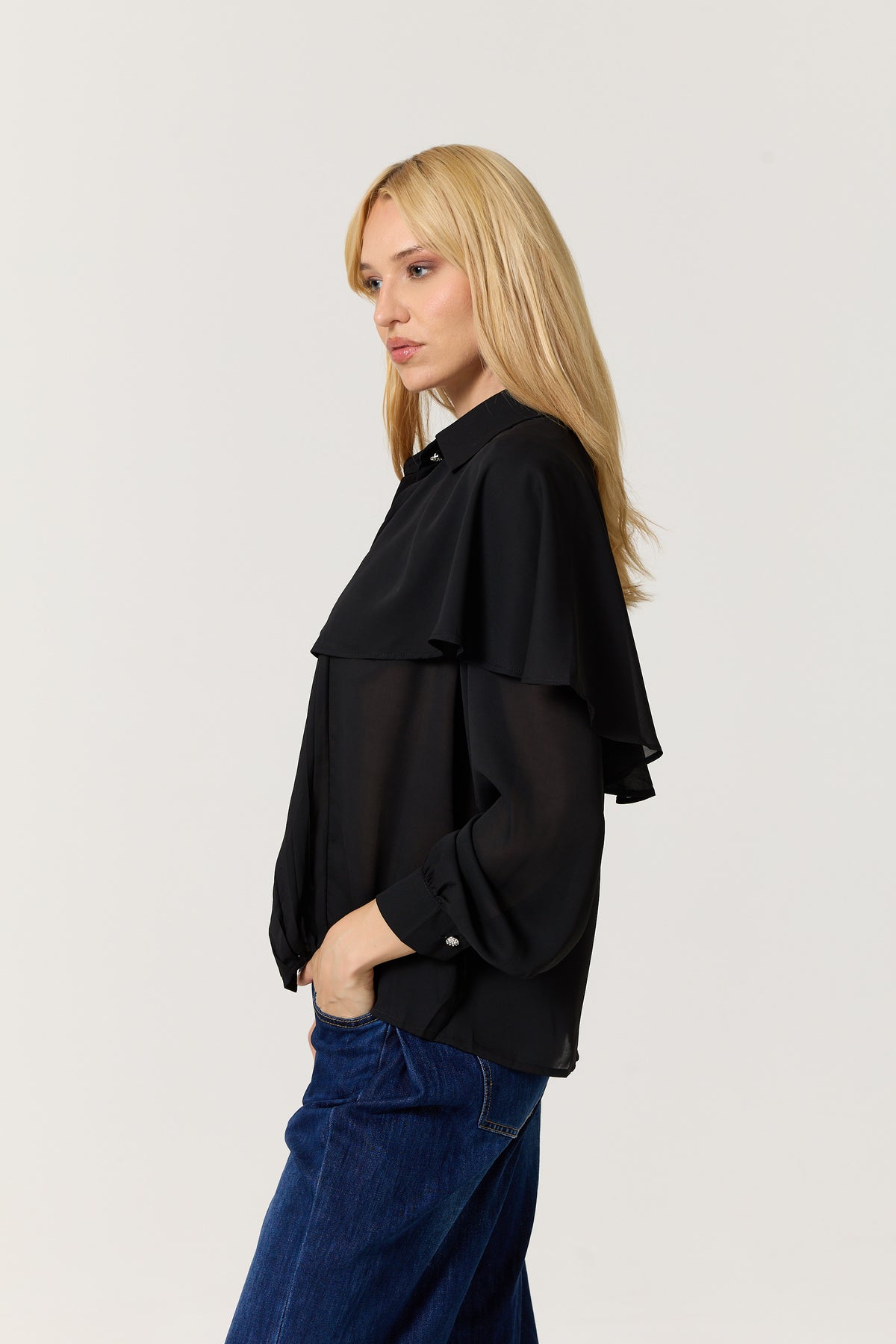 
                  
                    Black Cape Detail Pleated Blouse
                  
                