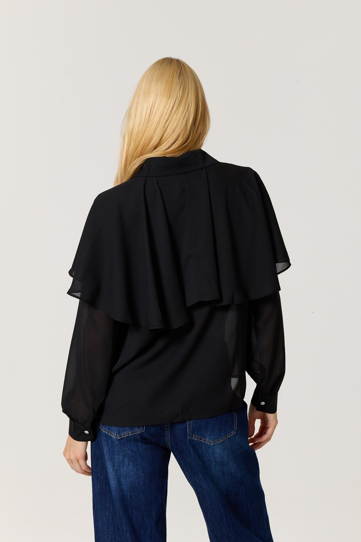 
                  
                    Black Cape Detail Pleated Blouse
                  
                
