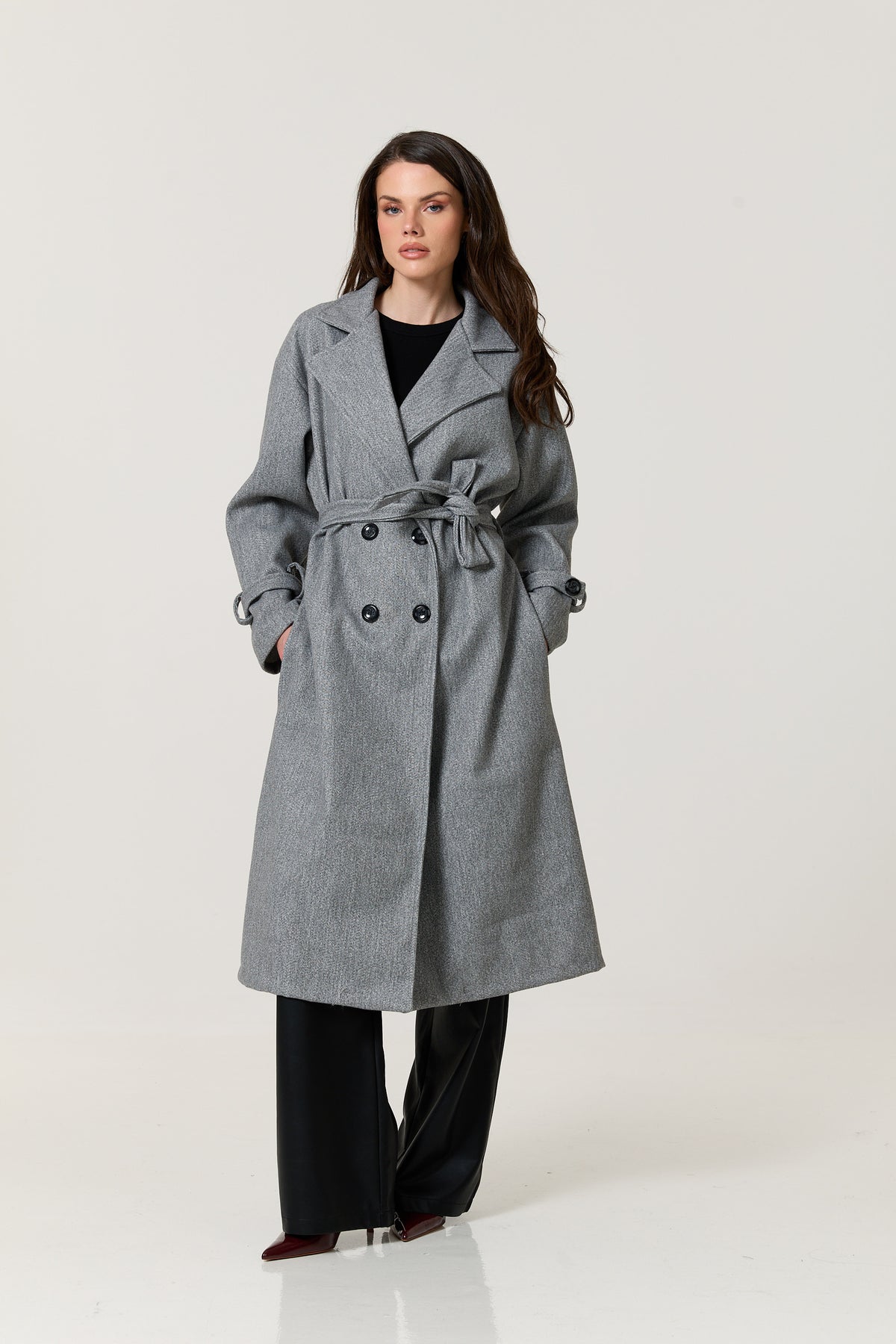 
                  
                    Grey Double Breasted Belted Long Coat
                  
                