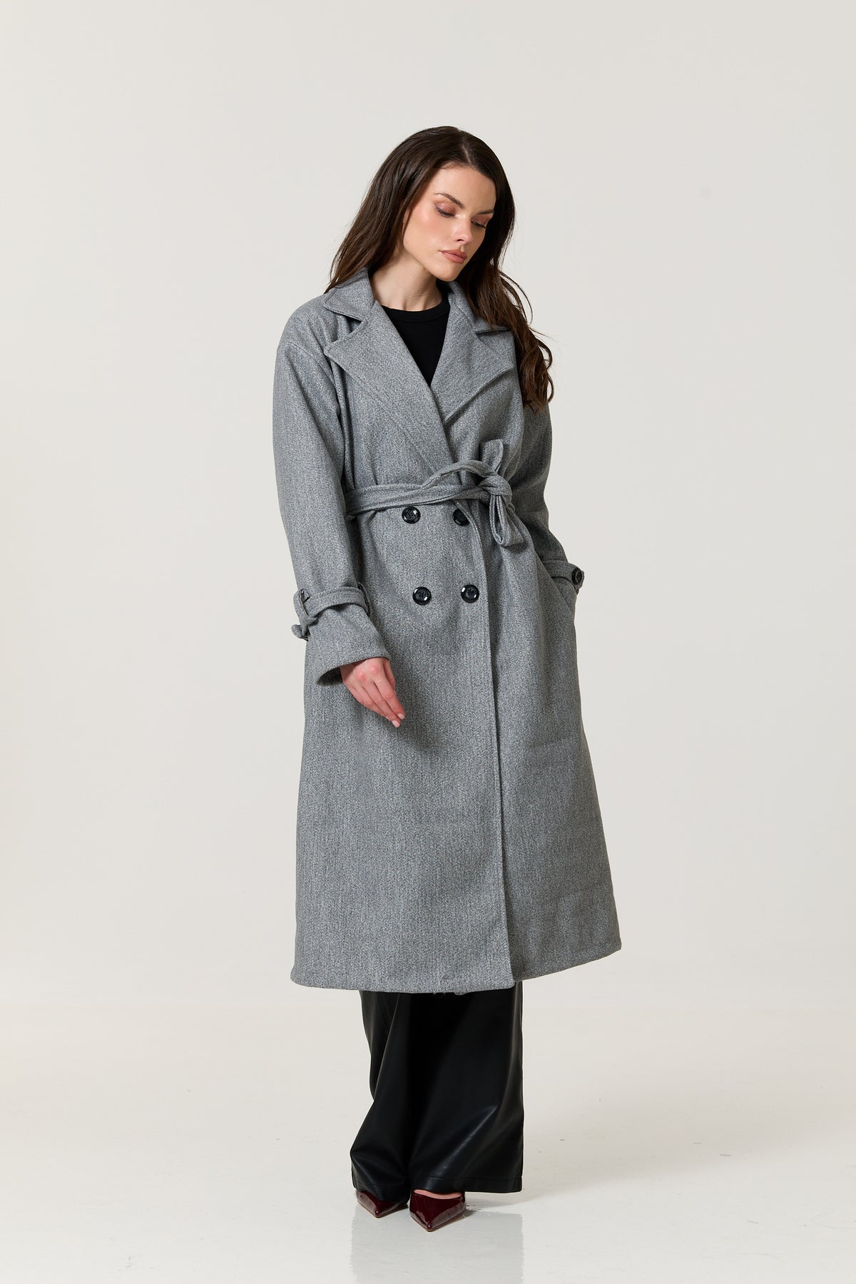 
                  
                    Grey Double Breasted Belted Long Coat
                  
                