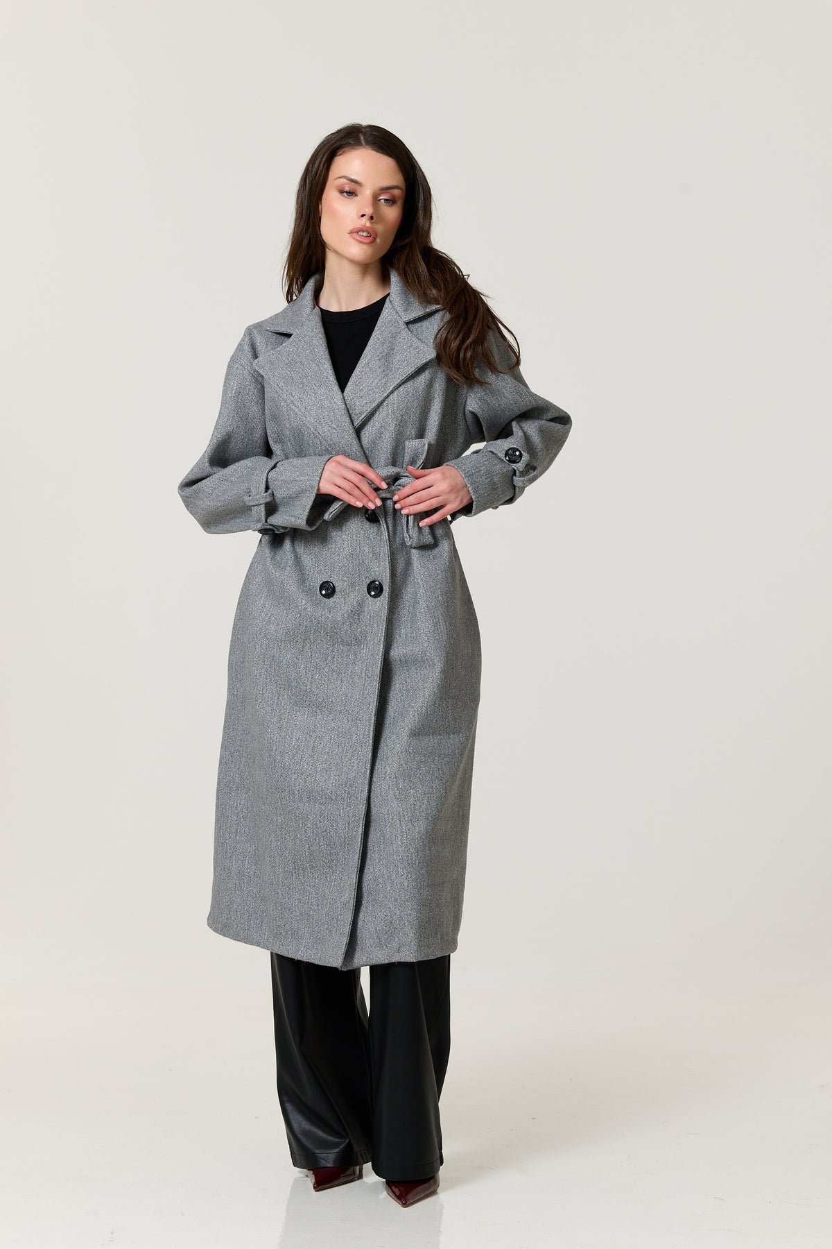
                  
                    Grey Double Breasted Belted Long Coat
                  
                