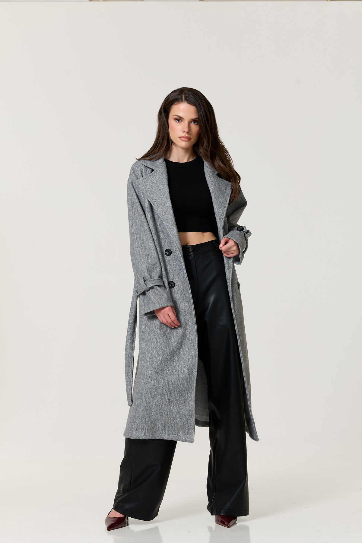 
                  
                    Grey Double Breasted Belted Long Coat
                  
                