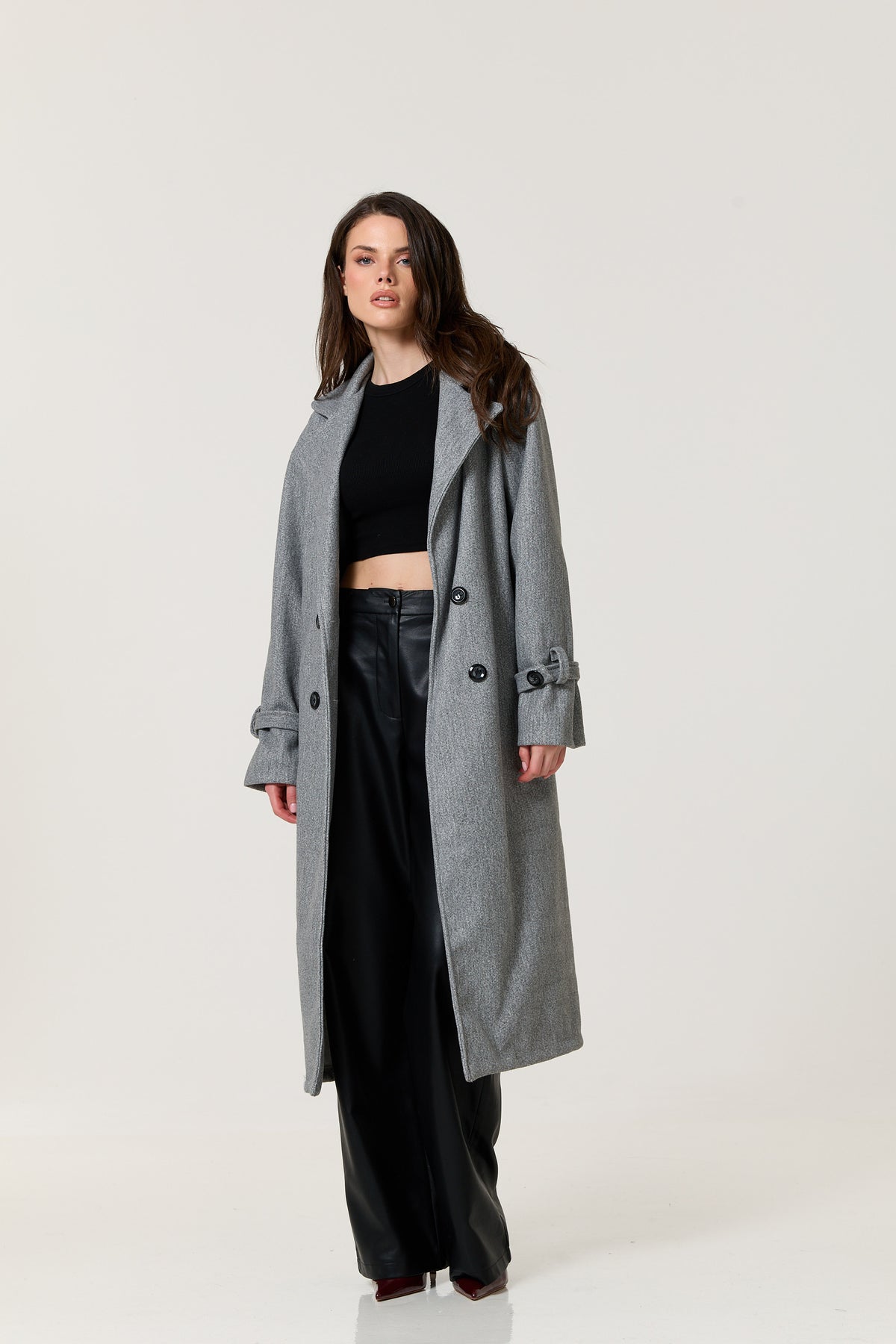 
                  
                    Grey Double Breasted Belted Long Coat
                  
                
