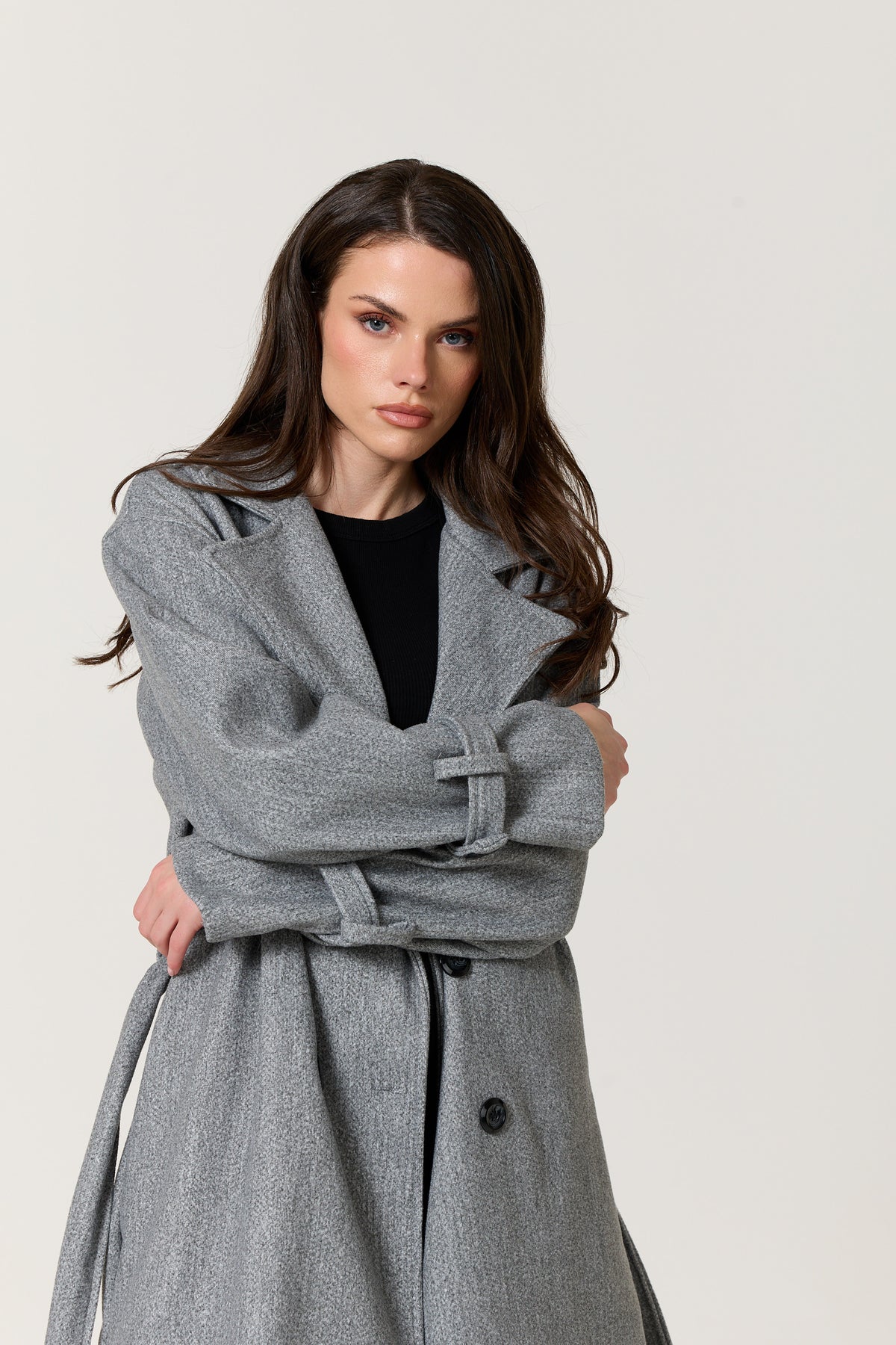 
                  
                    Grey Double Breasted Belted Long Coat
                  
                