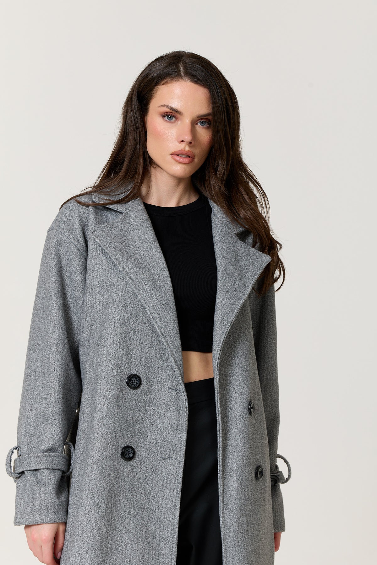 
                  
                    Grey Double Breasted Belted Long Coat
                  
                