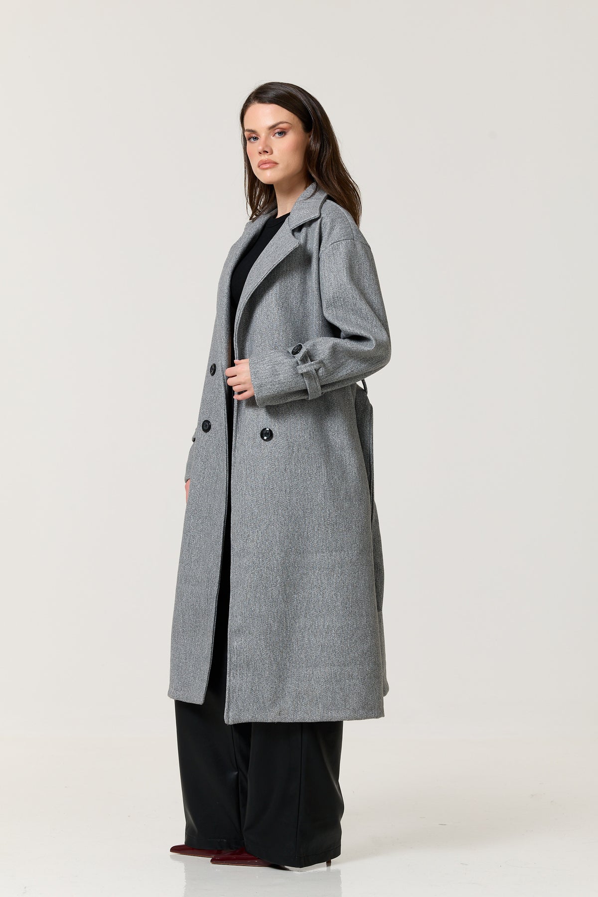 
                  
                    Grey Double Breasted Belted Long Coat
                  
                