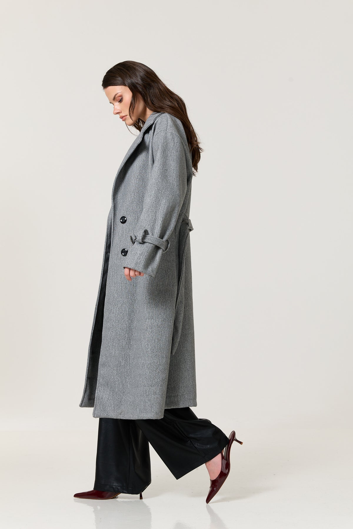 
                  
                    Grey Double Breasted Belted Long Coat
                  
                