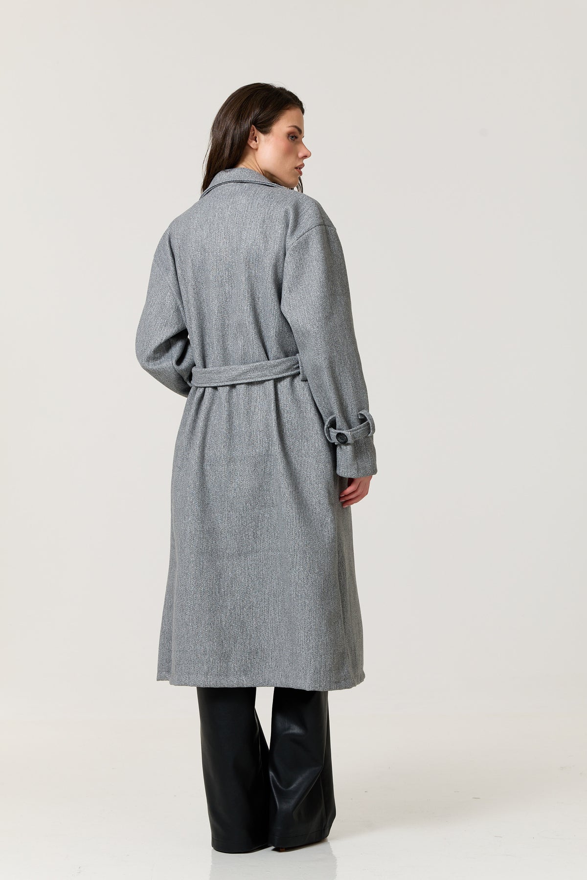 
                  
                    Grey Double Breasted Belted Long Coat
                  
                