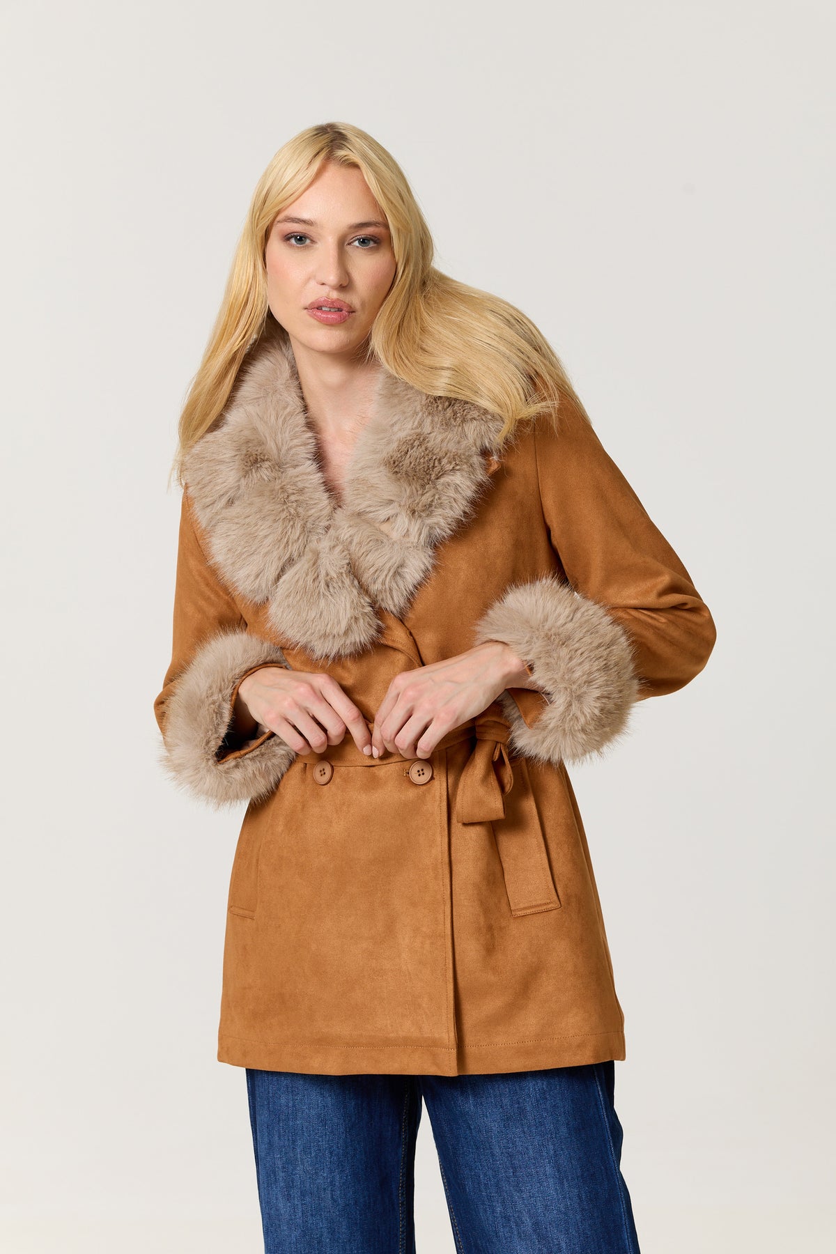 
                  
                    Camel Faux Fur Trim Belted Coat
                  
                