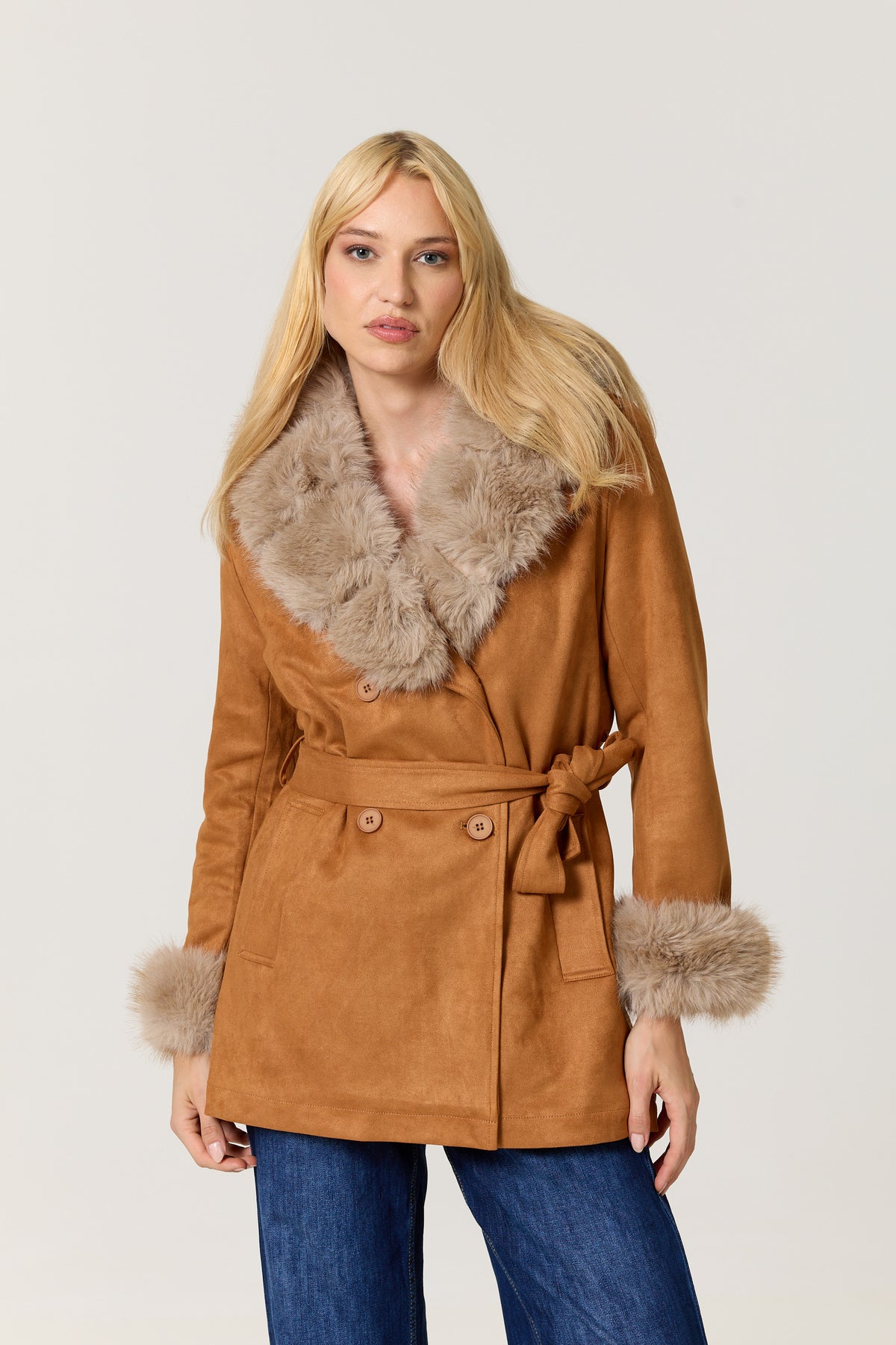 
                  
                    Camel Faux Fur Trim Belted Coat
                  
                