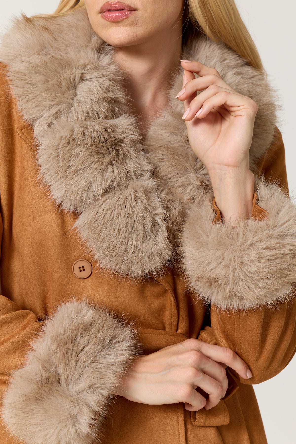 
                  
                    Camel Faux Fur Trim Belted Coat
                  
                