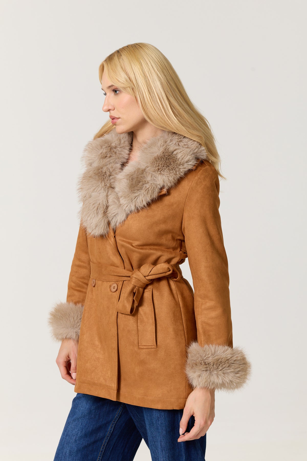 
                  
                    Camel Faux Fur Trim Belted Coat
                  
                
