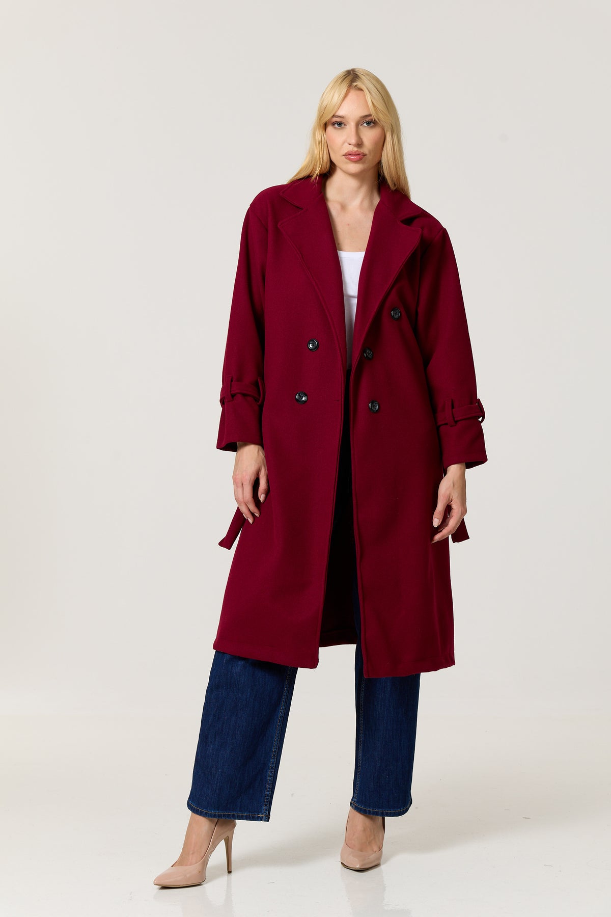 
                  
                    Burgundy Double Breasted Belted Coat
                  
                