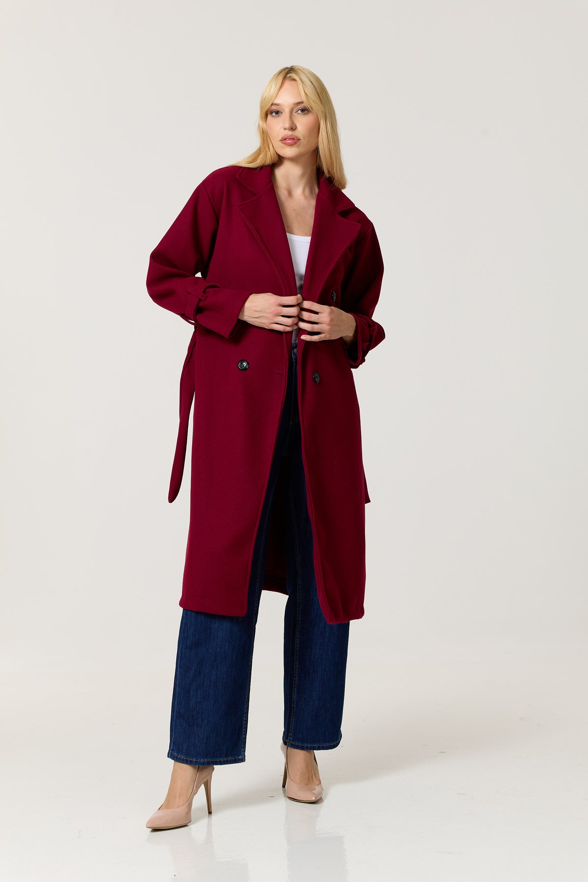 
                  
                    Burgundy Double Breasted Belted Coat
                  
                