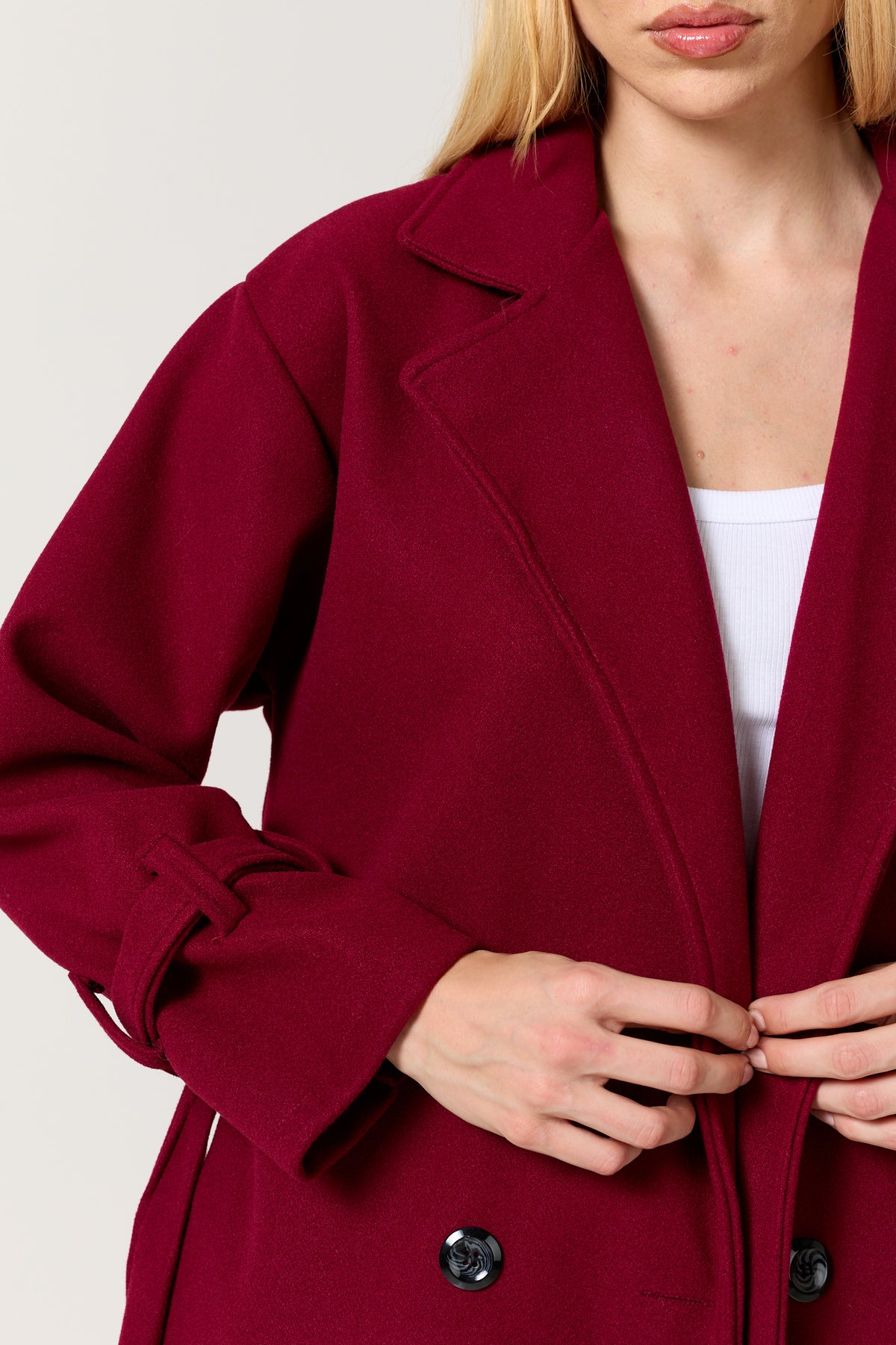 
                  
                    Burgundy Double Breasted Belted Coat
                  
                