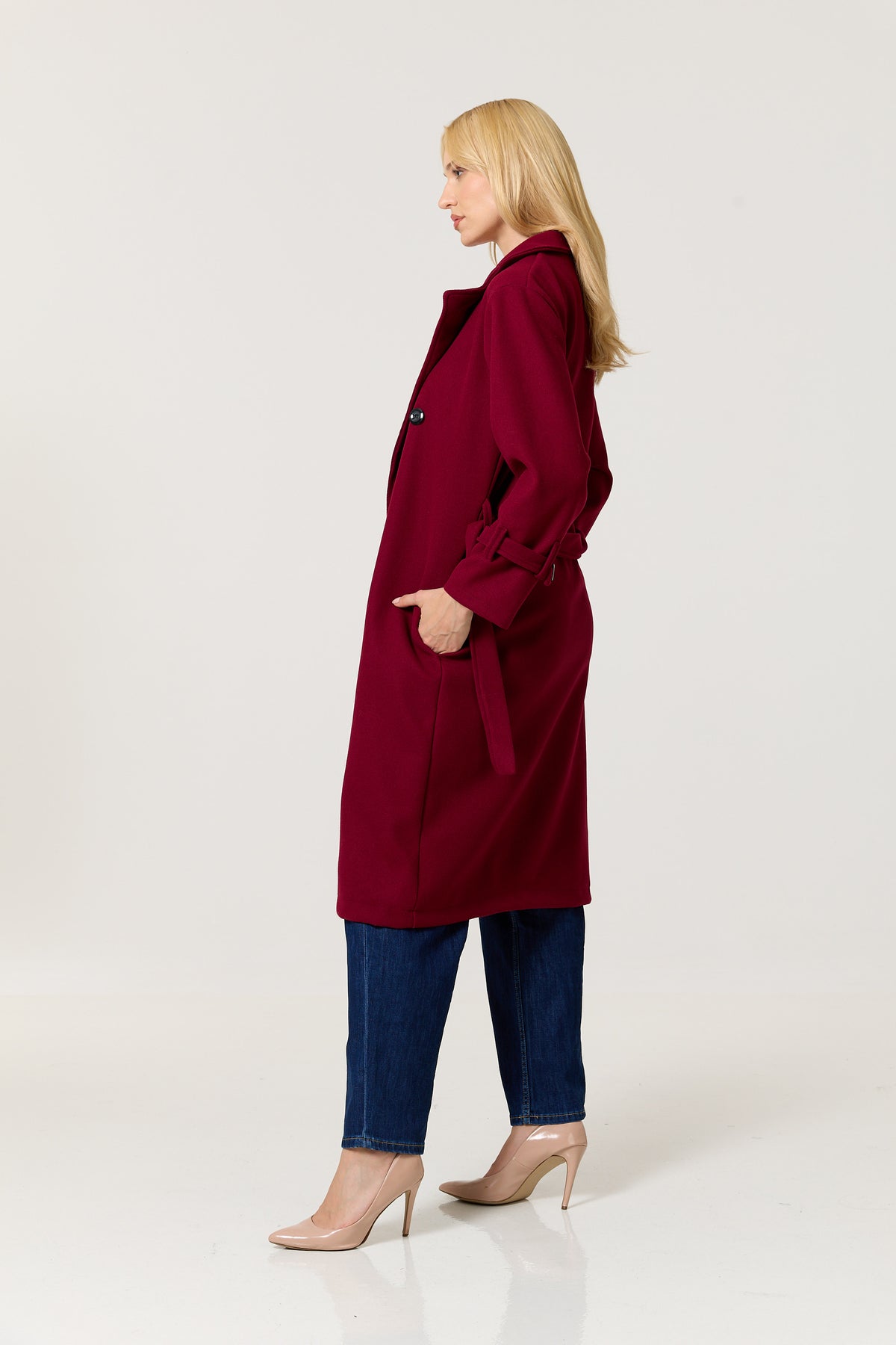 
                  
                    Burgundy Double Breasted Belted Coat
                  
                