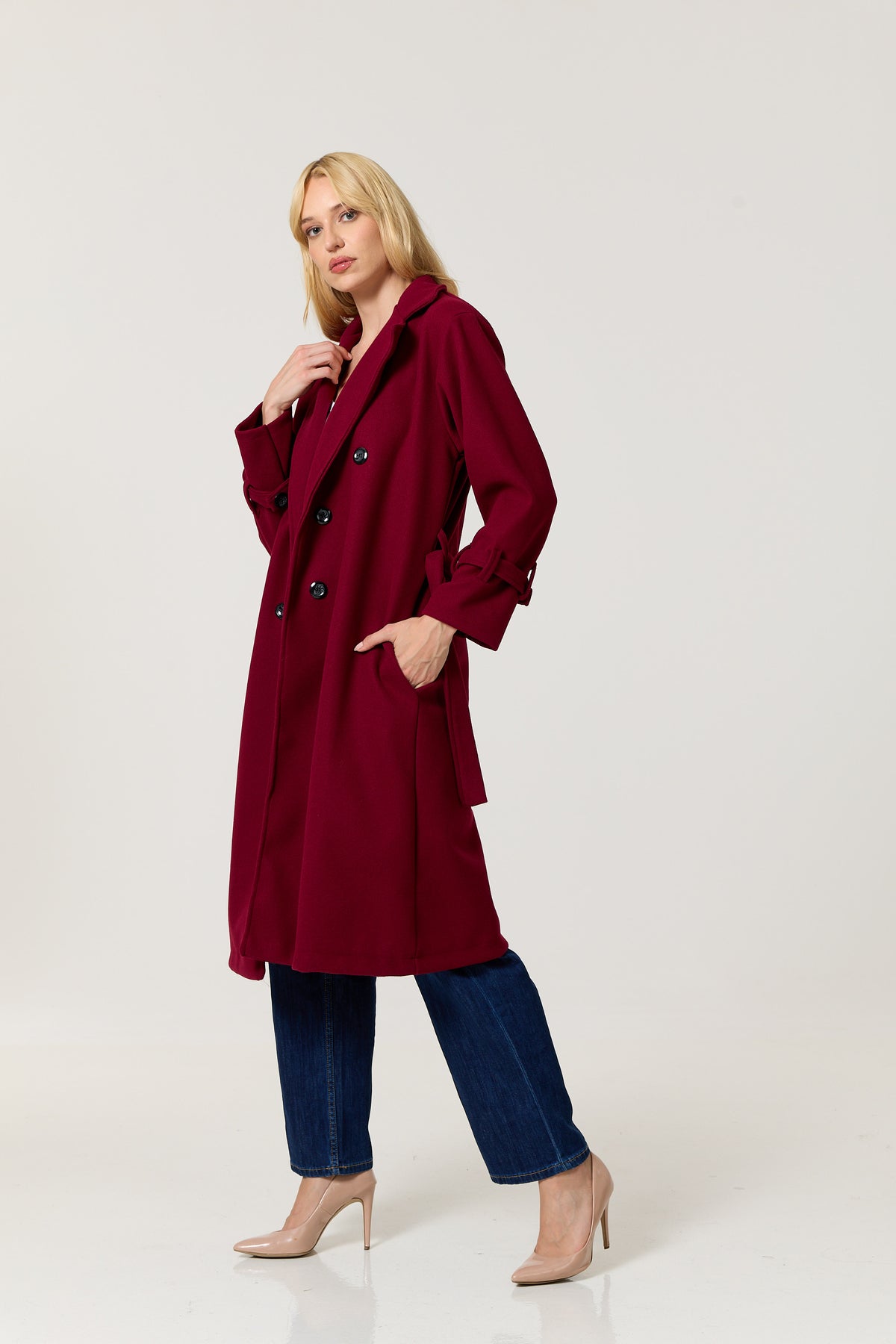 
                  
                    Burgundy Double Breasted Belted Coat
                  
                