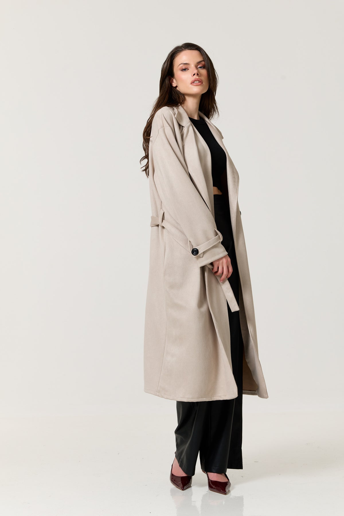 
                  
                    Taupe Faux Suede Belted Trench Coat
                  
                