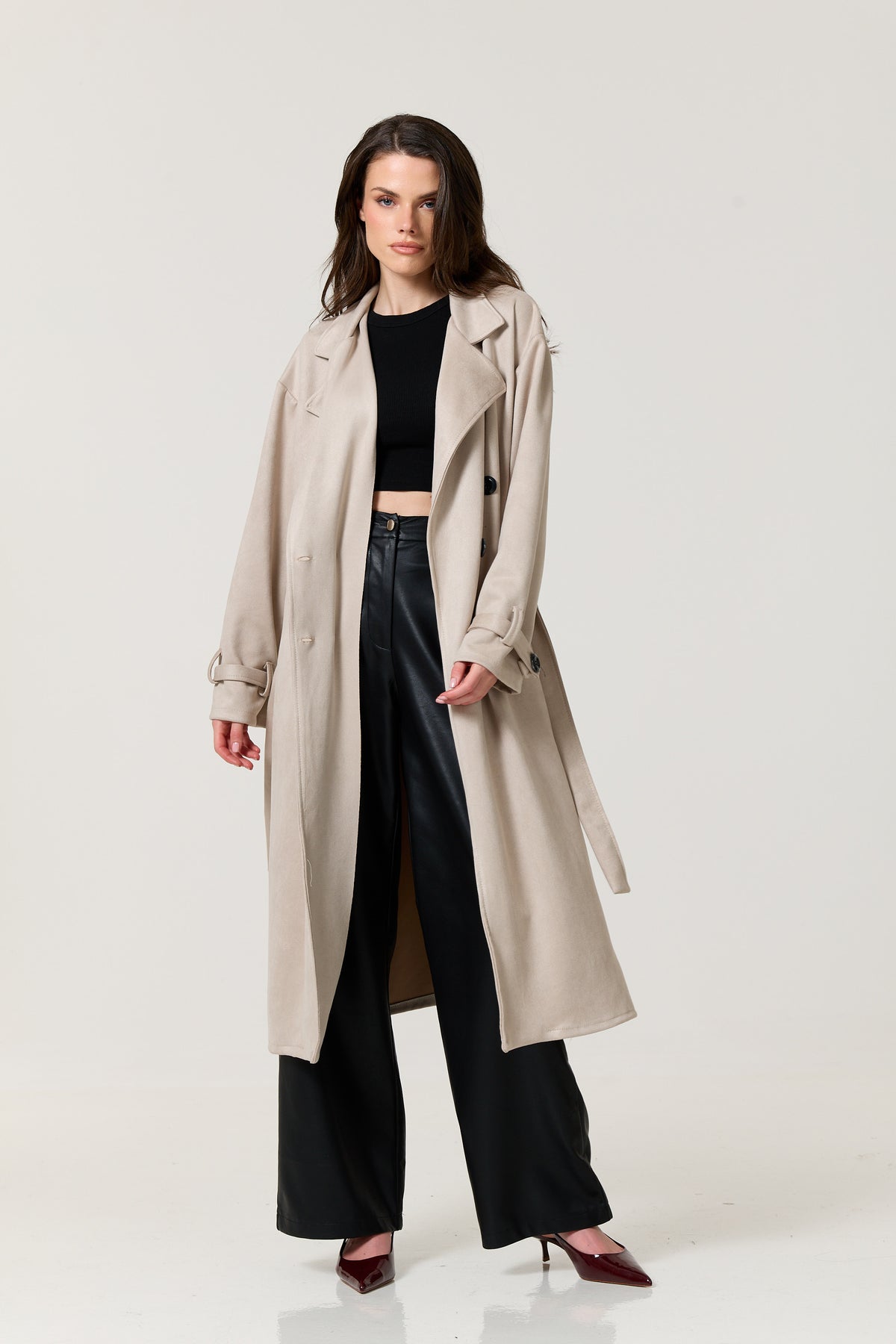 
                  
                    Taupe Faux Suede Belted Trench Coat
                  
                