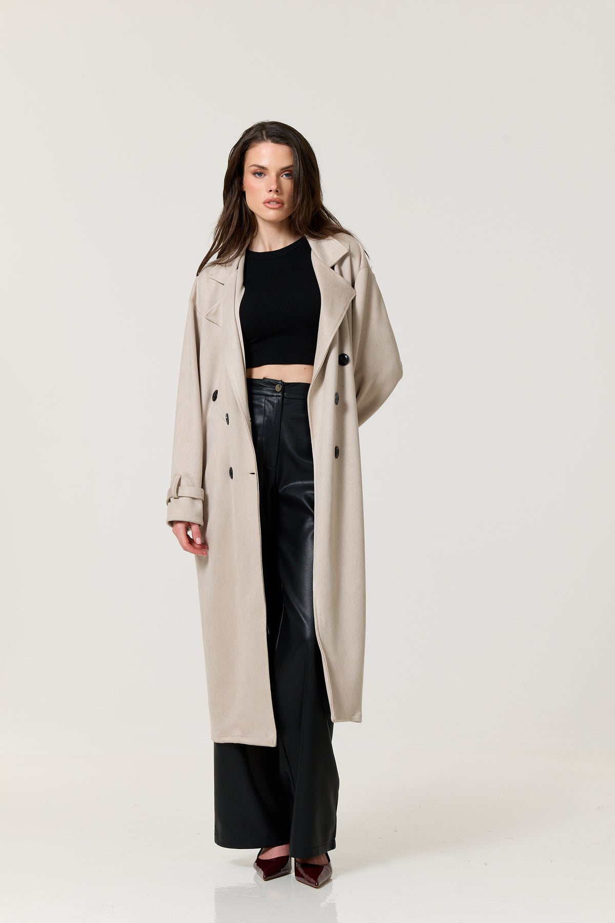 
                  
                    Taupe Faux Suede Belted Trench Coat
                  
                