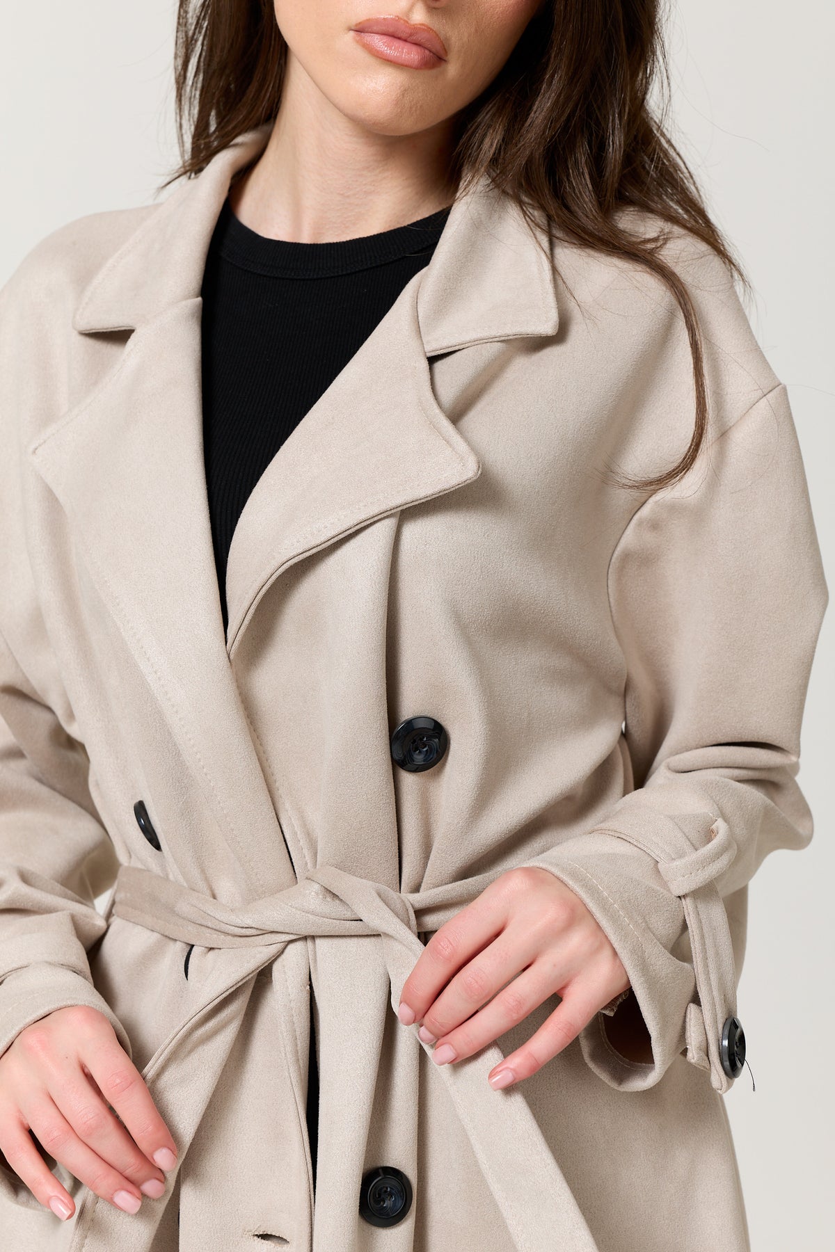 
                  
                    Taupe Faux Suede Belted Trench Coat
                  
                