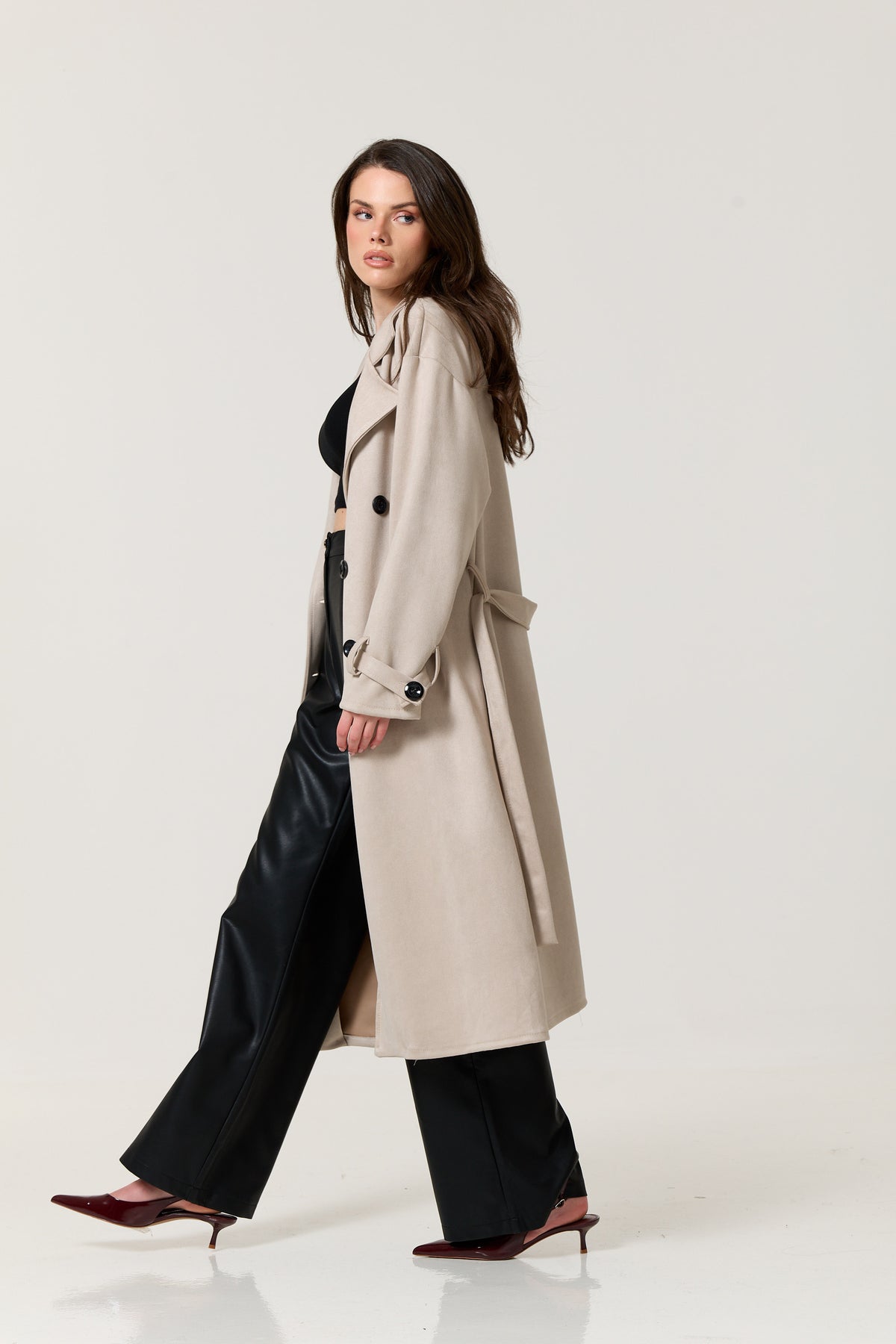 
                  
                    Taupe Faux Suede Belted Trench Coat
                  
                