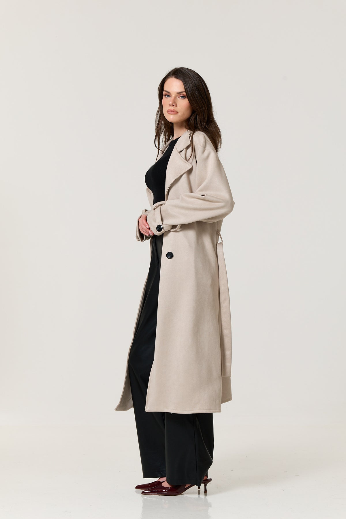 
                  
                    Taupe Faux Suede Belted Trench Coat
                  
                