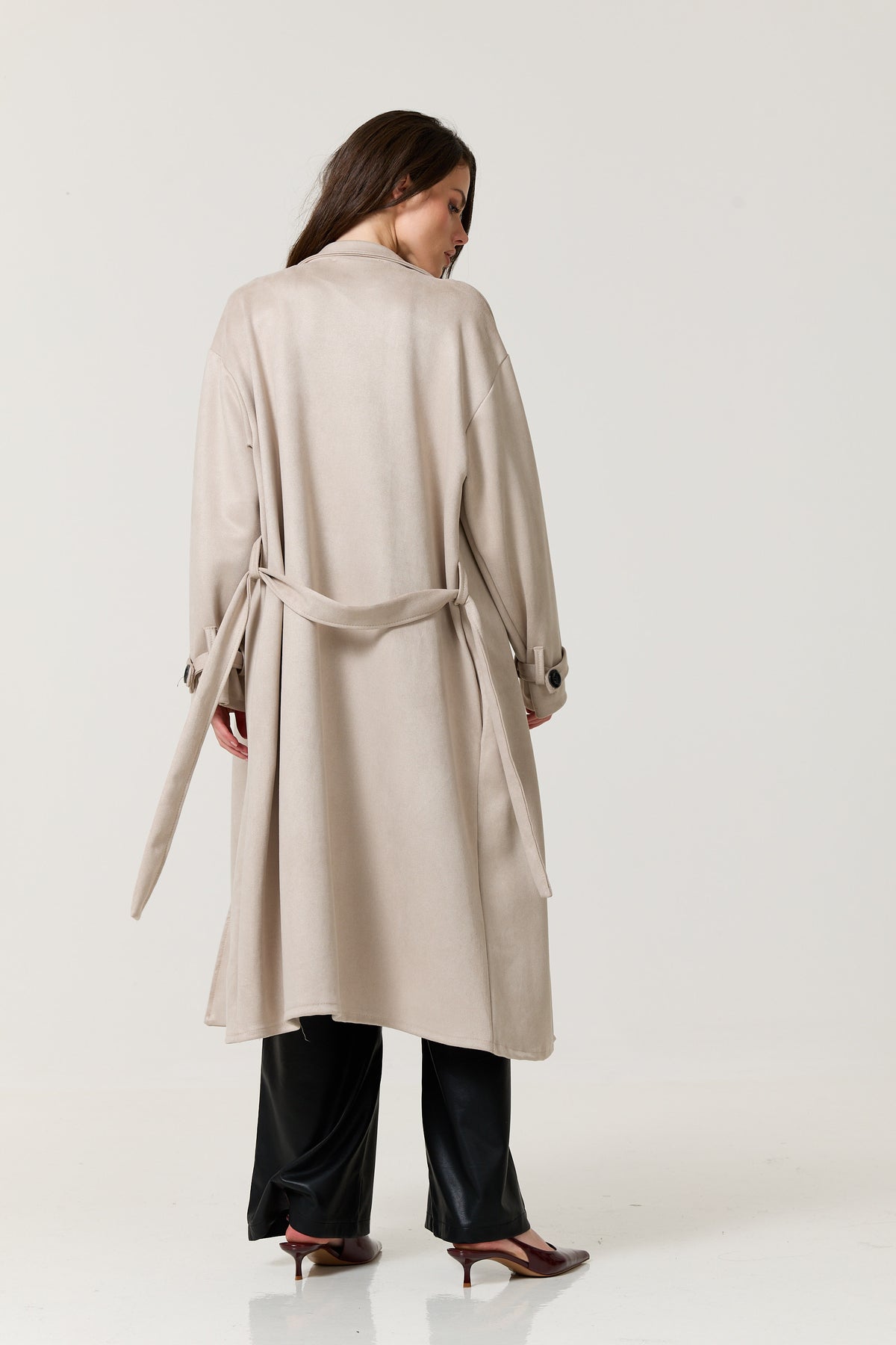 
                  
                    Taupe Faux Suede Belted Trench Coat
                  
                