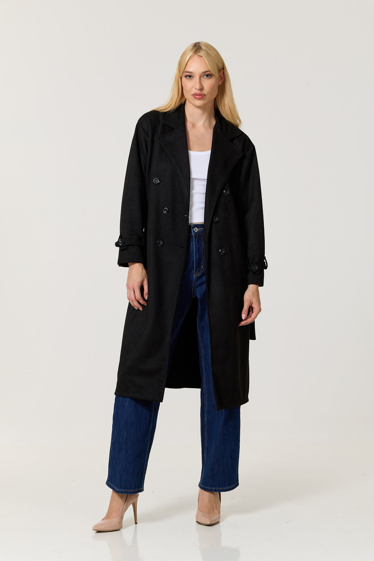 
                  
                    Black Faux Suede Belted Trench Coat
                  
                