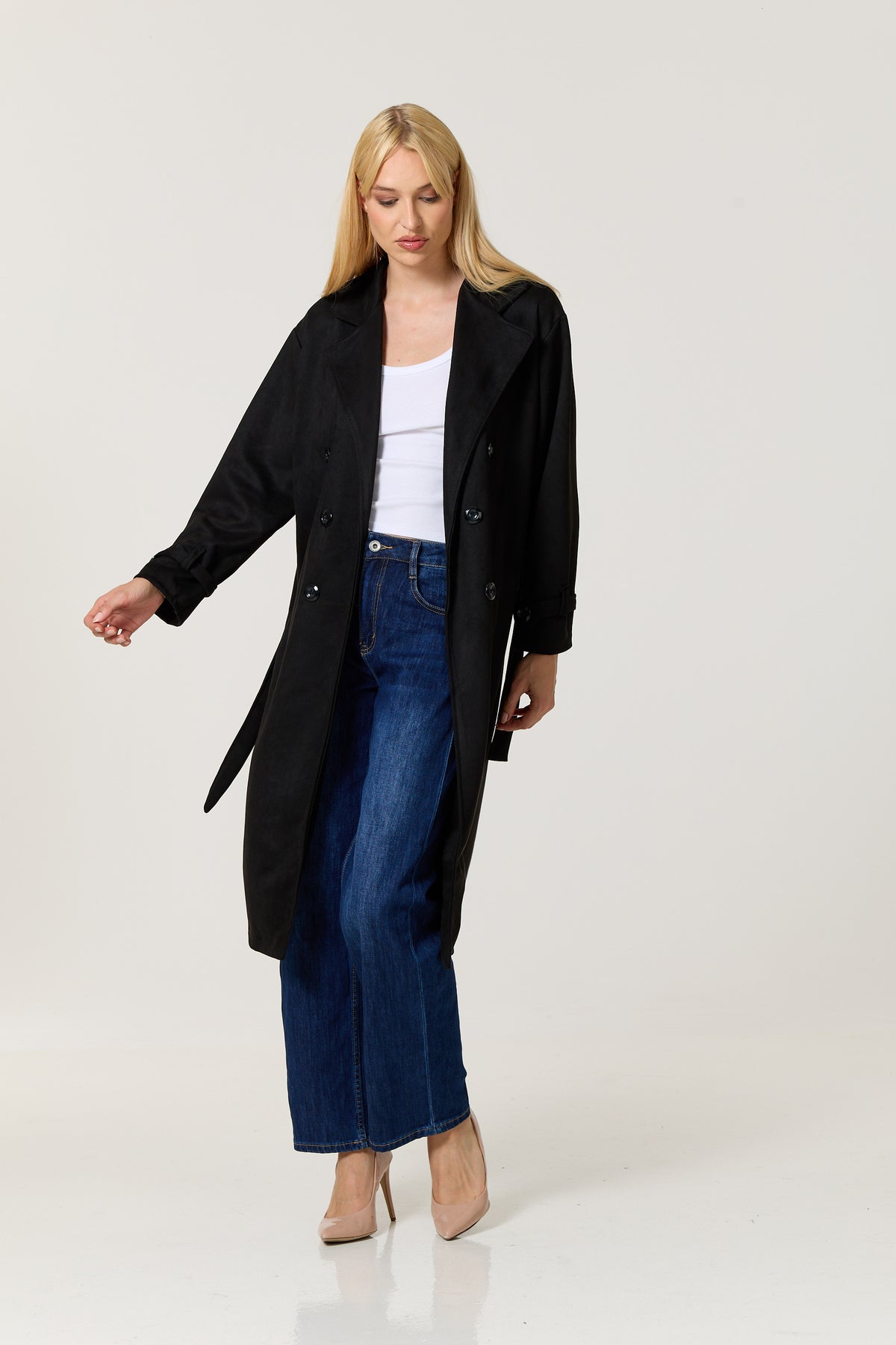 
                  
                    Black Faux Suede Belted Trench Coat
                  
                