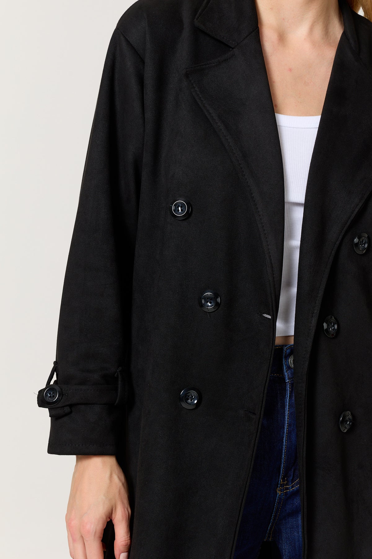 
                  
                    Black Faux Suede Belted Trench Coat
                  
                