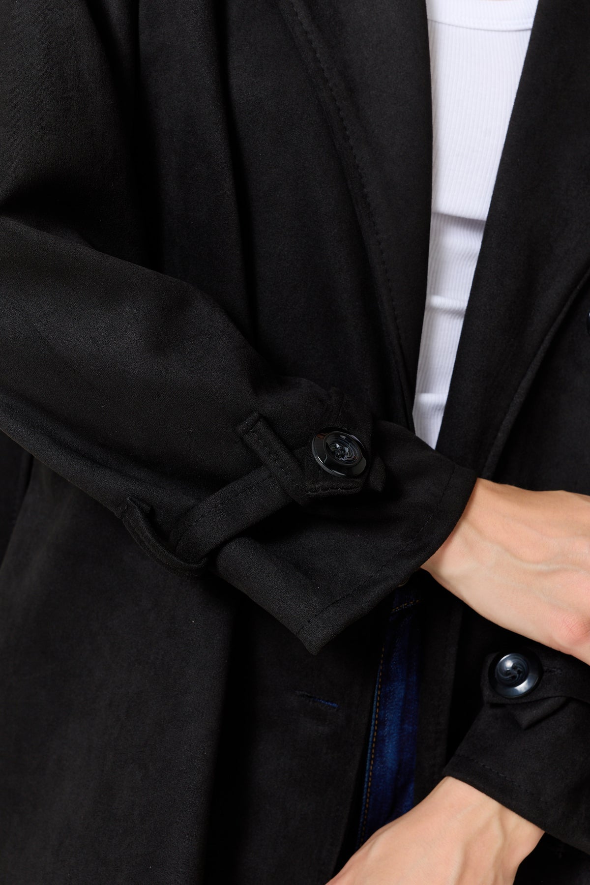 
                  
                    Black Faux Suede Belted Trench Coat
                  
                