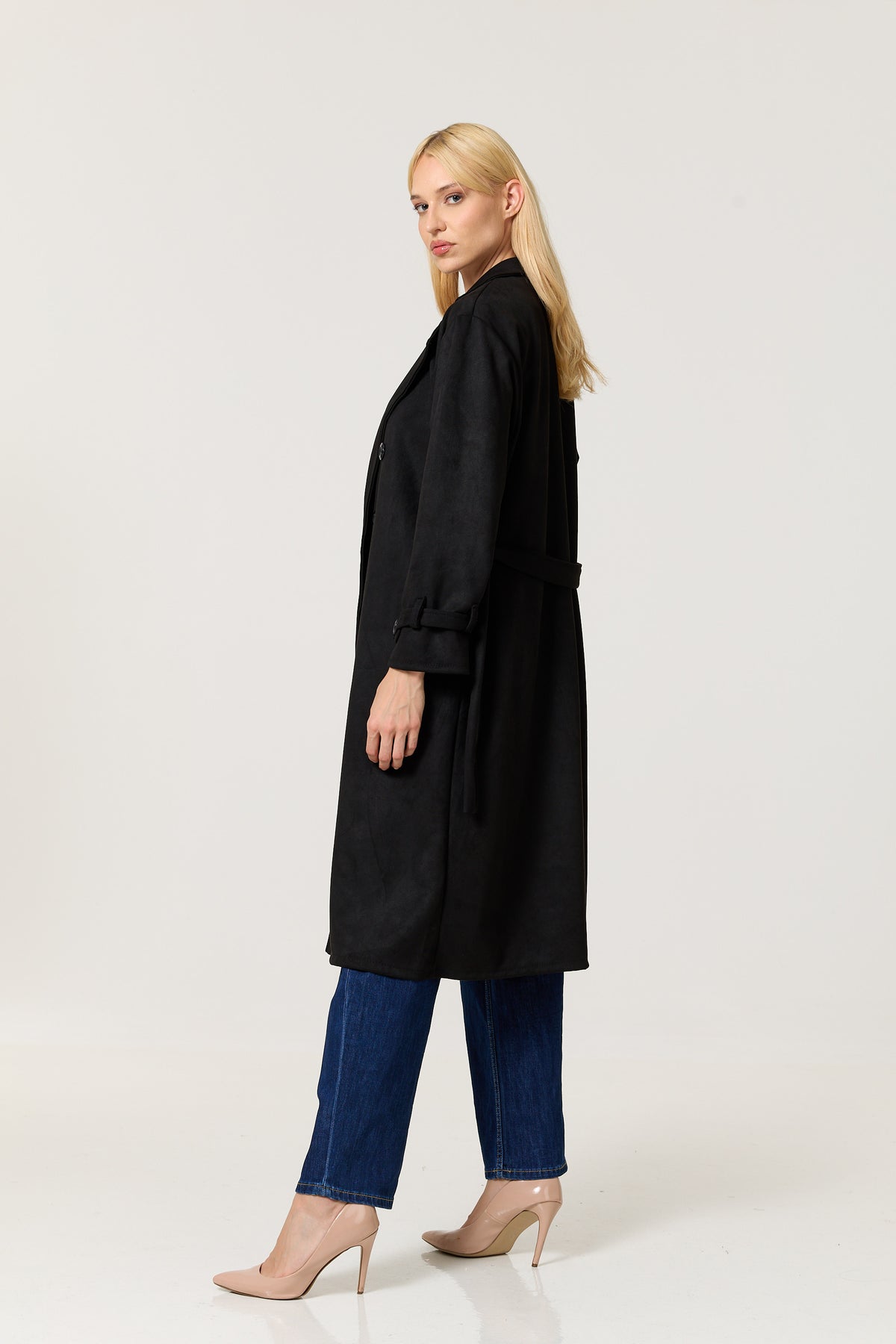 
                  
                    Black Faux Suede Belted Trench Coat
                  
                