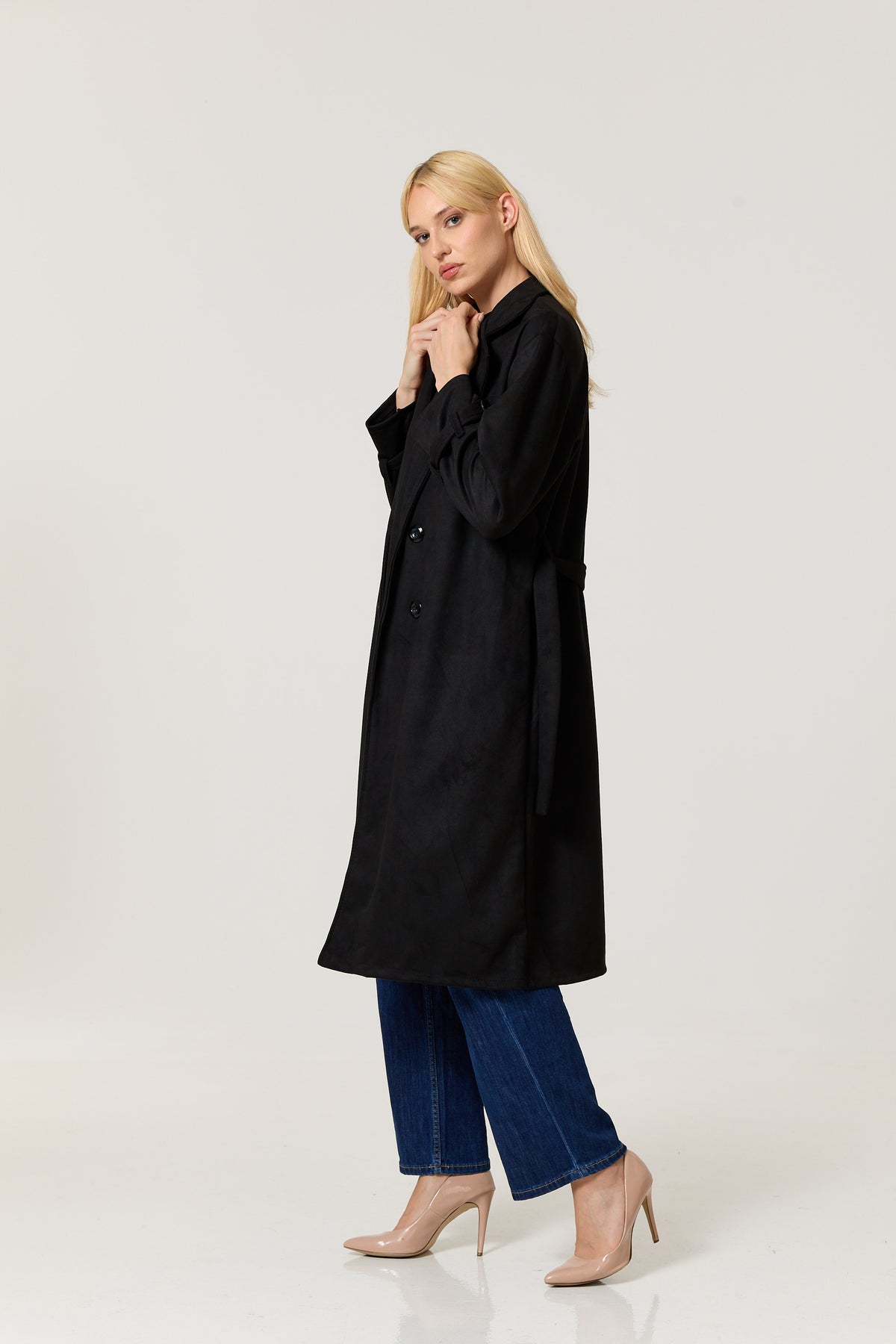 
                  
                    Black Faux Suede Belted Trench Coat
                  
                